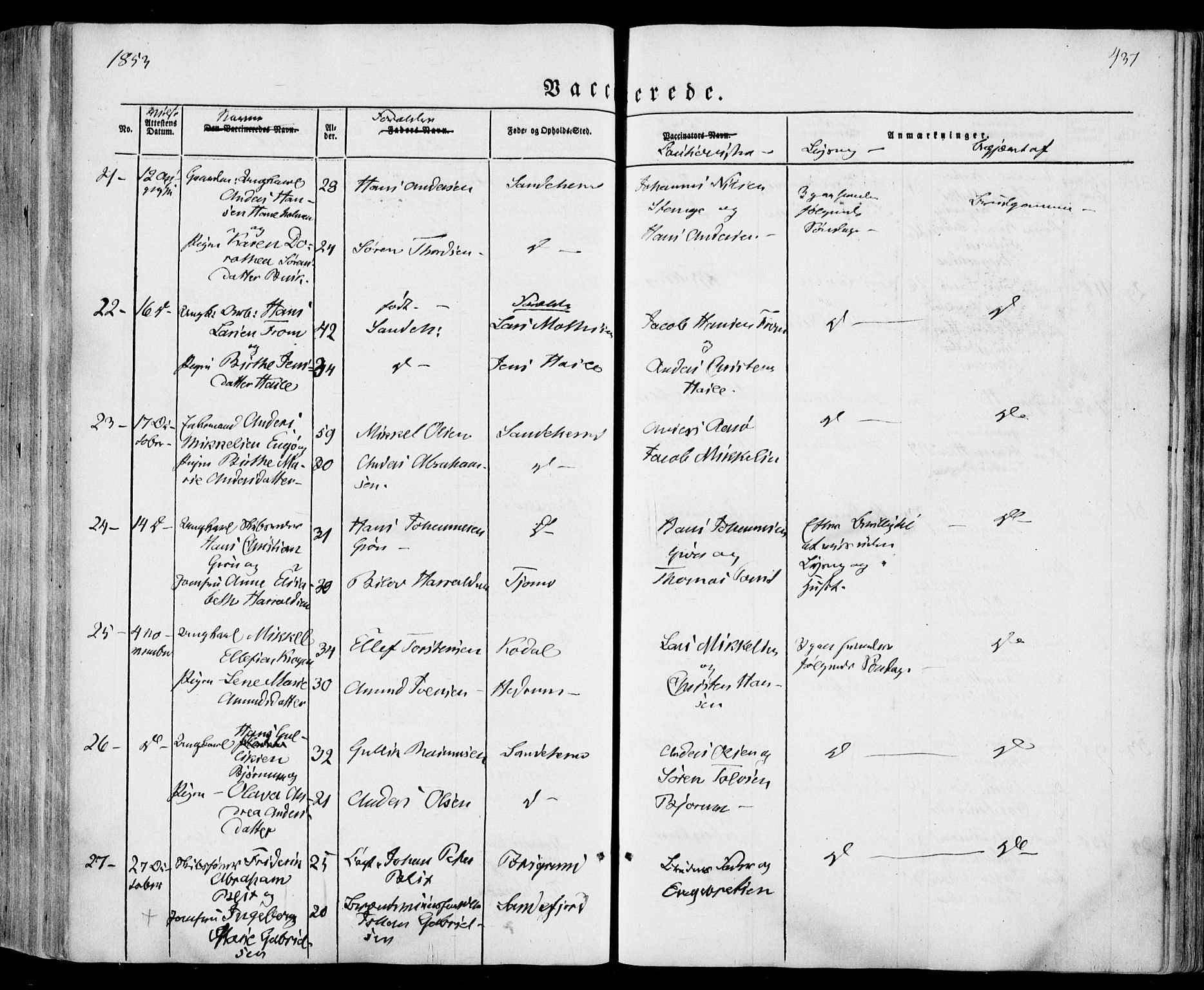 Sandar kirkebøker, SAKO/A-243/F/Fa/L0006: Parish register (official) no. 6, 1847-1860, p. 437