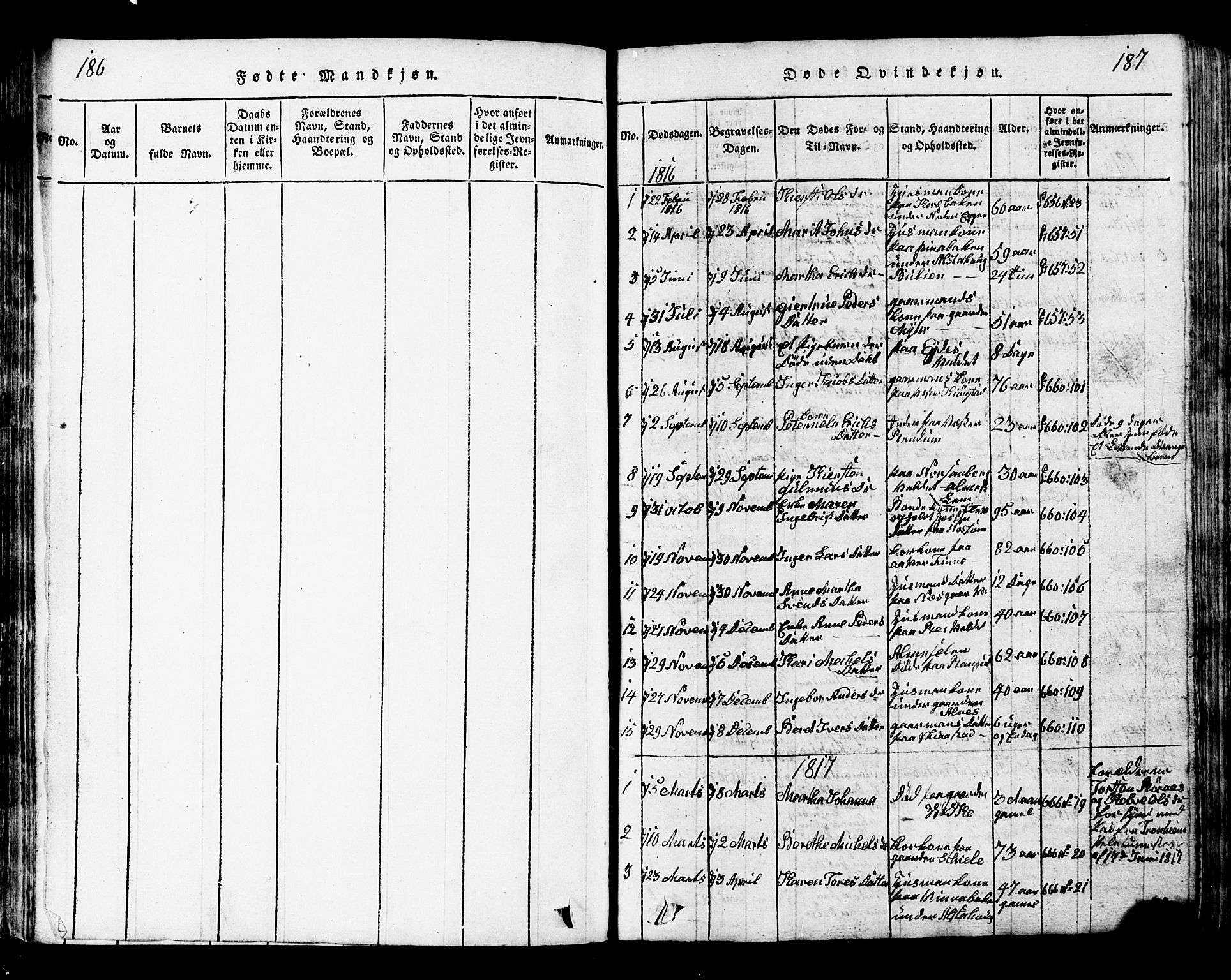 Ministerialprotokoller, klokkerbøker og fødselsregistre - Nord-Trøndelag, SAT/A-1458/717/L0169: Parish register (copy) no. 717C01, 1816-1834, p. 186-187