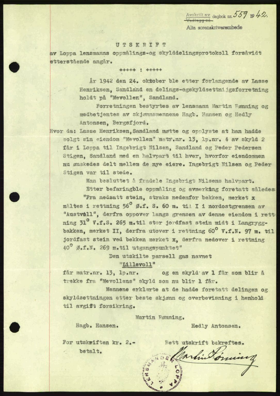 Alta fogderi/sorenskriveri, SATØ/SATØ-5/1/K/Kd/L0033pantebok: Mortgage book no. 33, 1940-1943, Diary no: : 559/1942