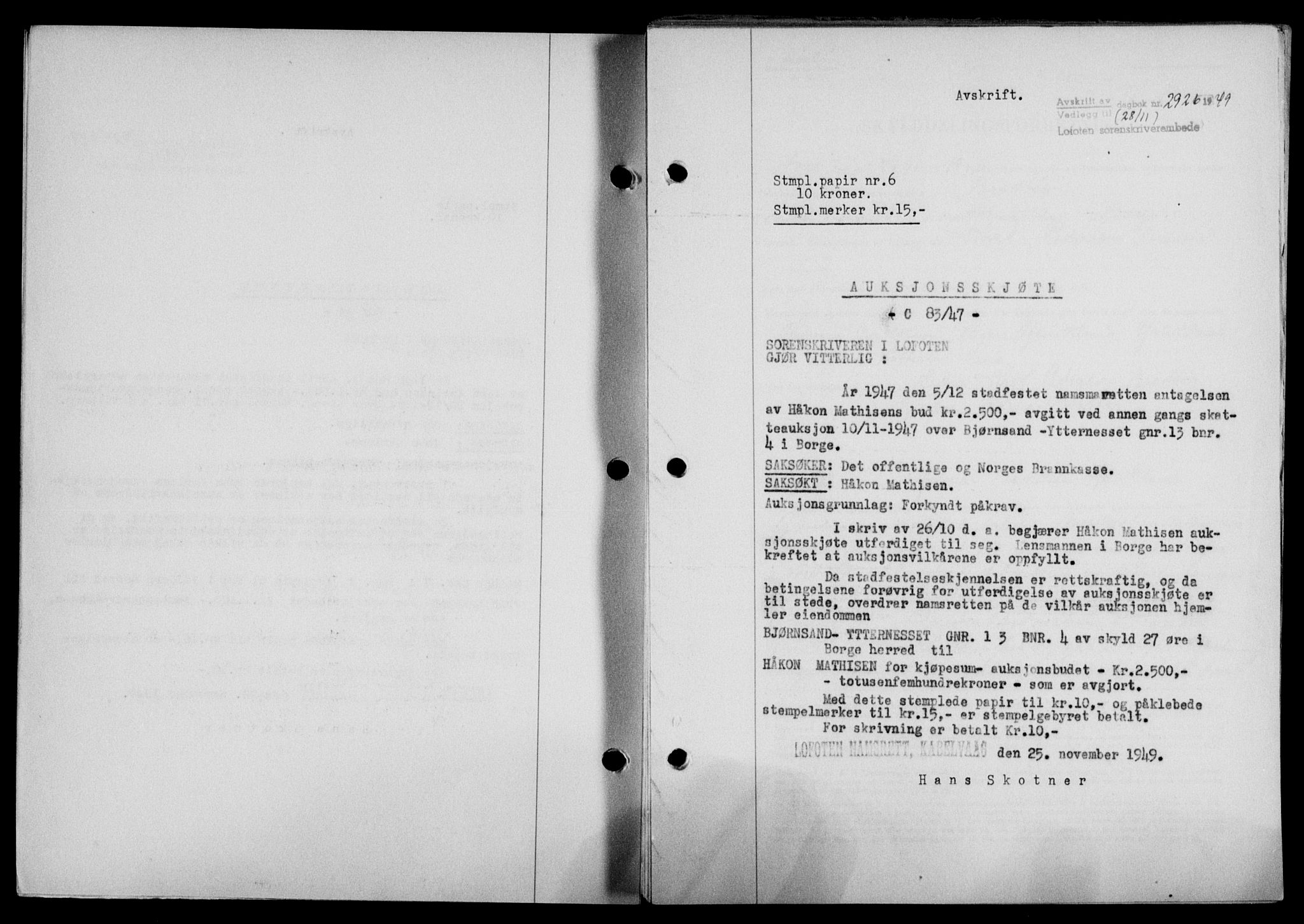Lofoten sorenskriveri, SAT/A-0017/1/2/2C/L0022a: Mortgage book no. 22a, 1949-1950, Diary no: : 2926/1949