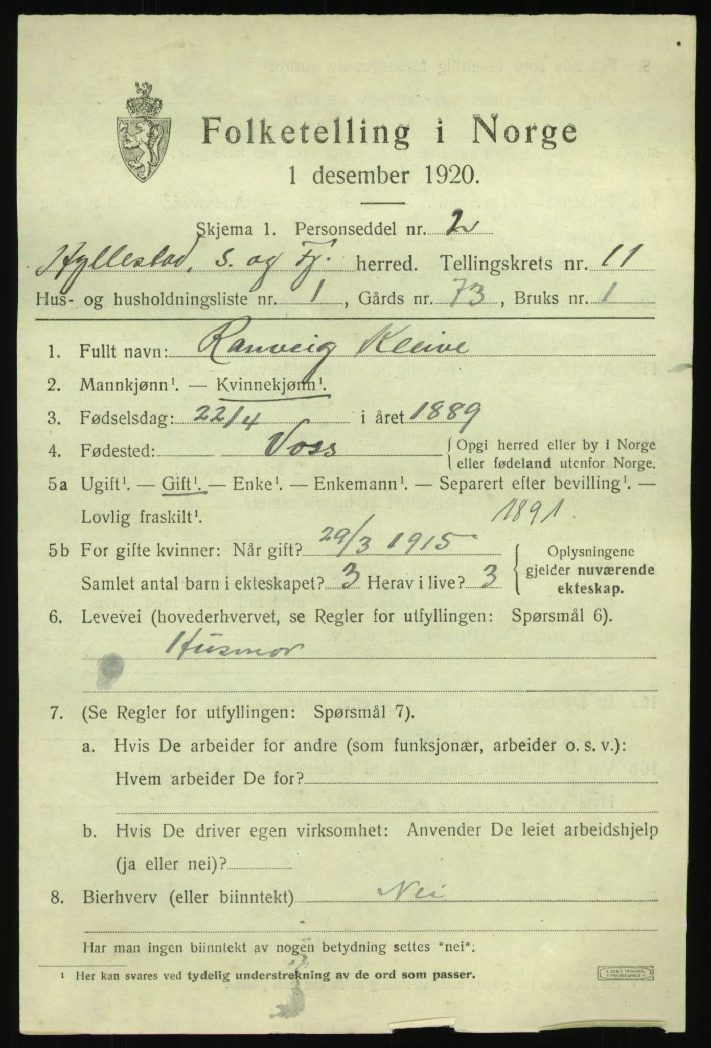 SAB, 1920 census for Hyllestad, 1920, p. 4094