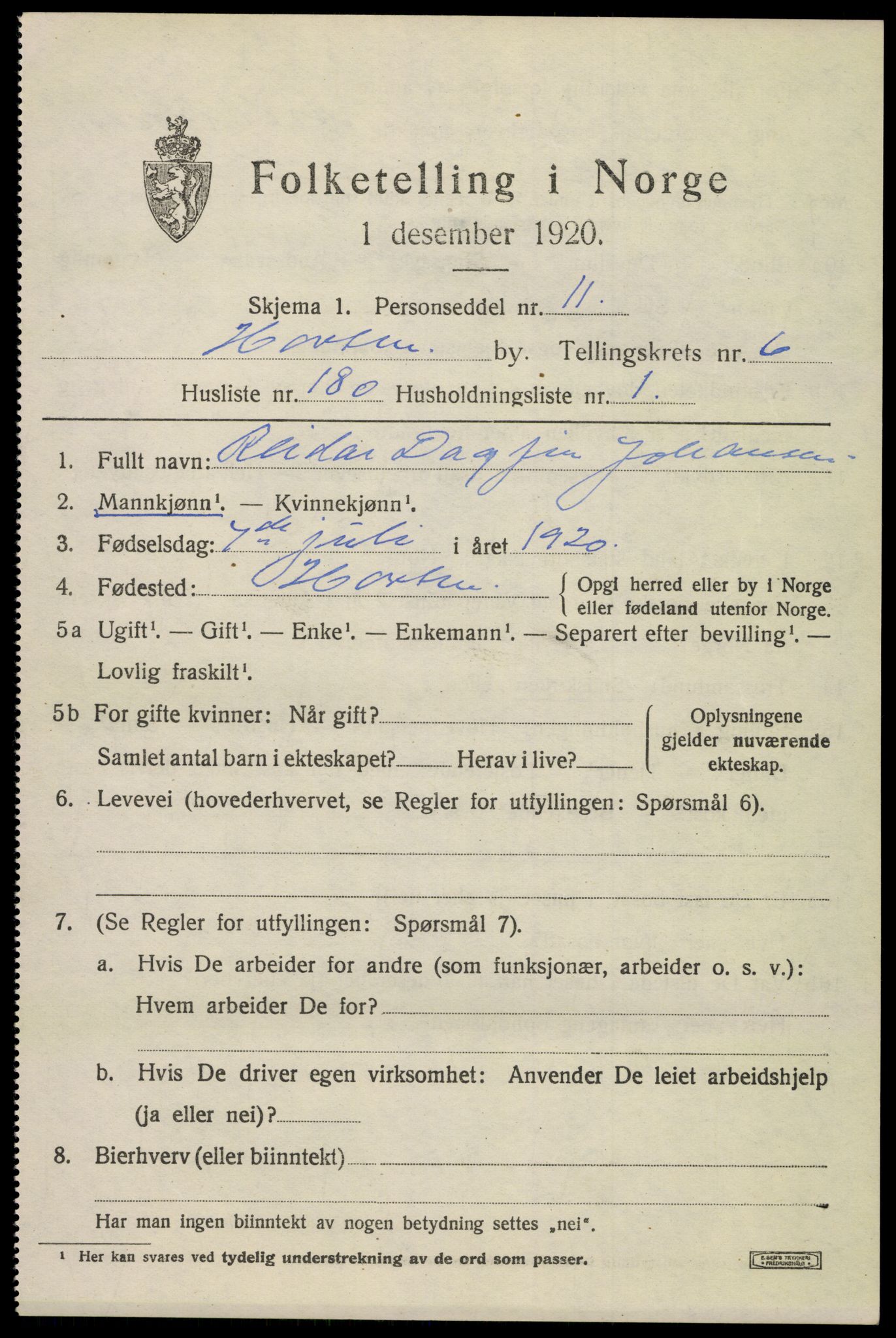 SAKO, 1920 census for Horten, 1920, p. 25445