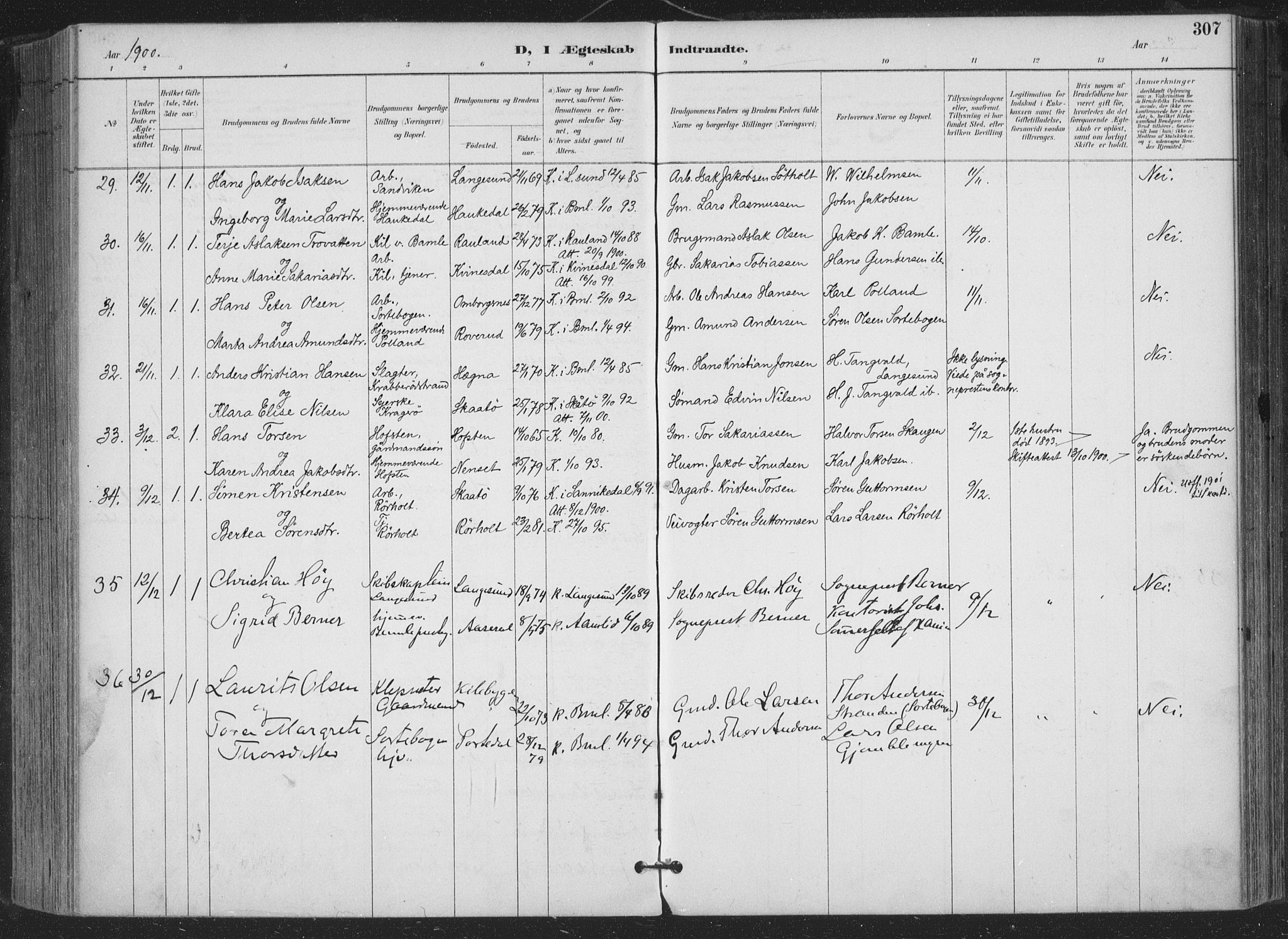 Bamble kirkebøker, AV/SAKO-A-253/F/Fa/L0008: Parish register (official) no. I 8, 1888-1900, p. 307