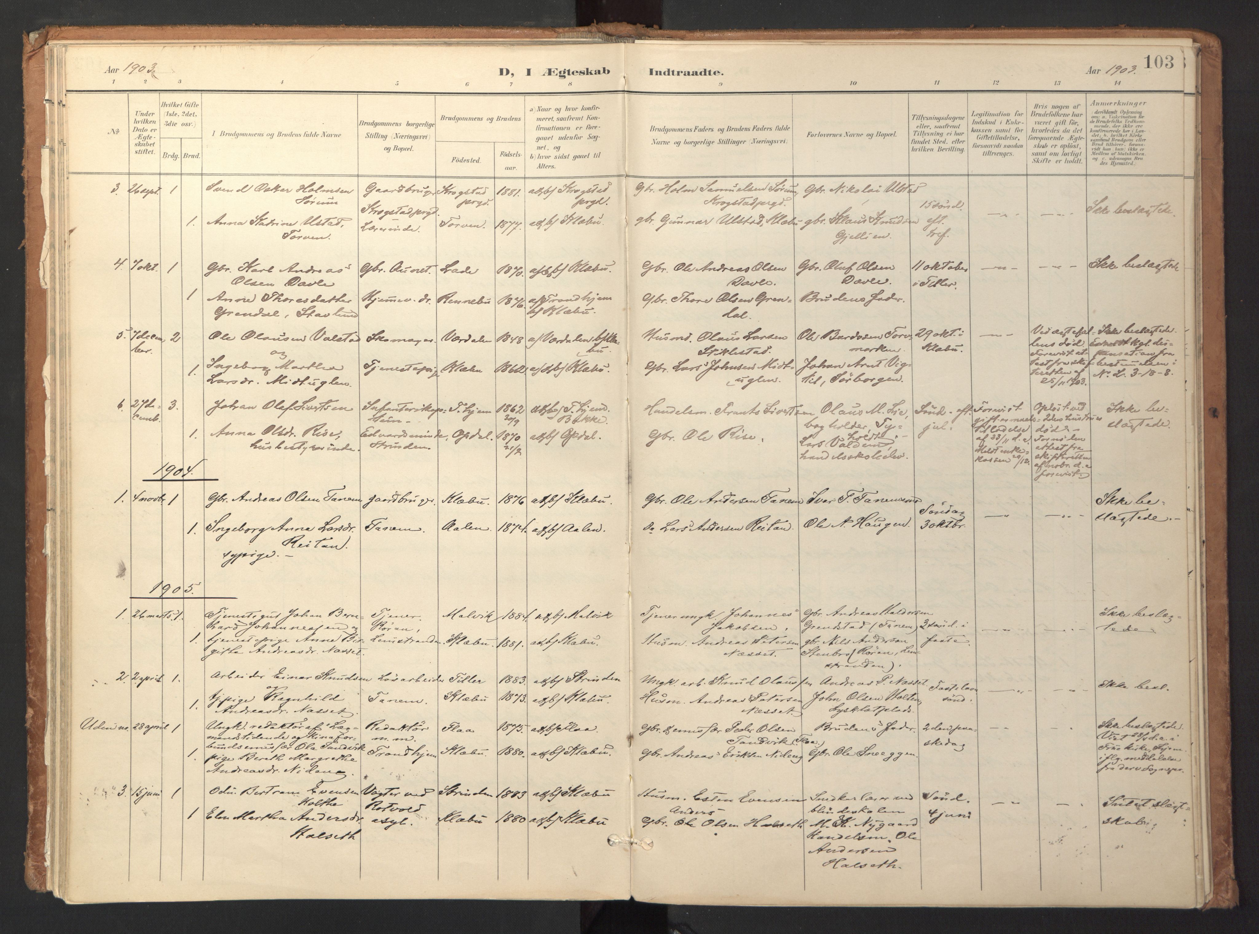 Ministerialprotokoller, klokkerbøker og fødselsregistre - Sør-Trøndelag, SAT/A-1456/618/L0448: Parish register (official) no. 618A11, 1898-1916, p. 103