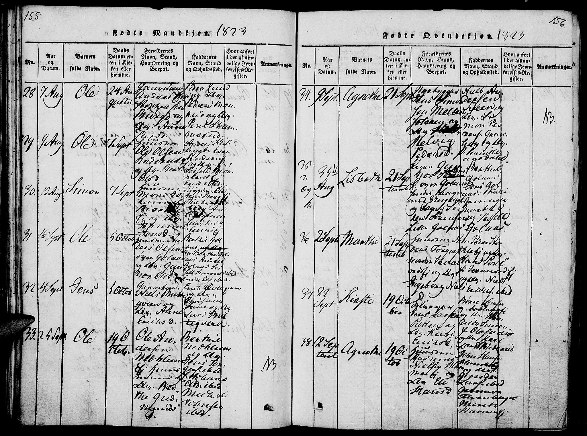 Vang prestekontor, Hedmark, AV/SAH-PREST-008/H/Ha/Haa/L0008: Parish register (official) no. 8, 1815-1826, p. 155-156