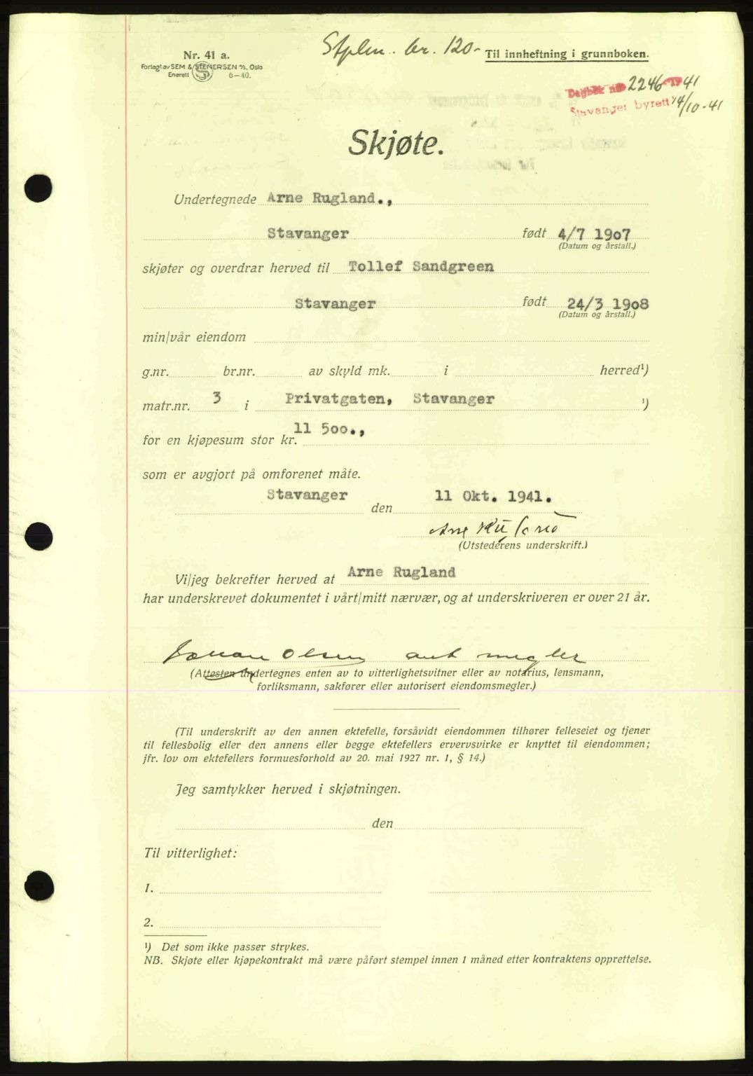 Stavanger byrett, SAST/A-100455/002/G/Gb/L0016: Mortgage book no. A6, 1940-1941, Diary no: : 2246/1941