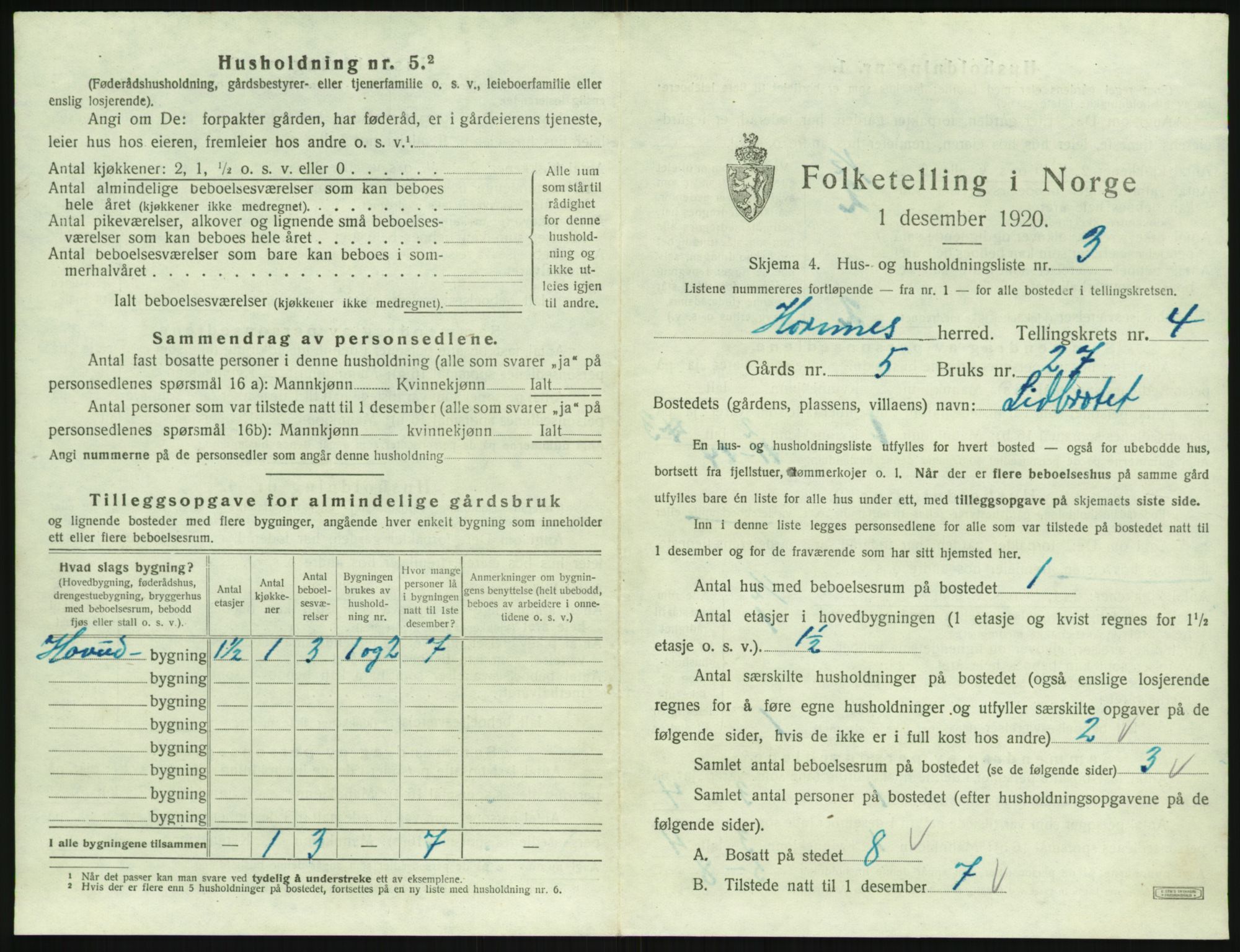 SAK, 1920 census for Hornnes, 1920, p. 177