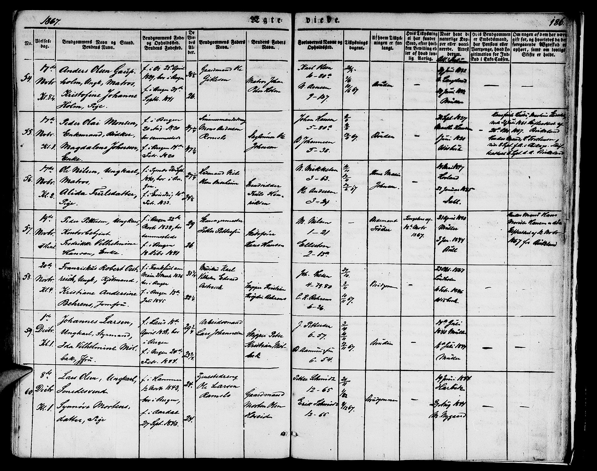 Nykirken Sokneprestembete, AV/SAB-A-77101/H/Hab: Parish register (copy) no. D 1, 1832-1867, p. 186