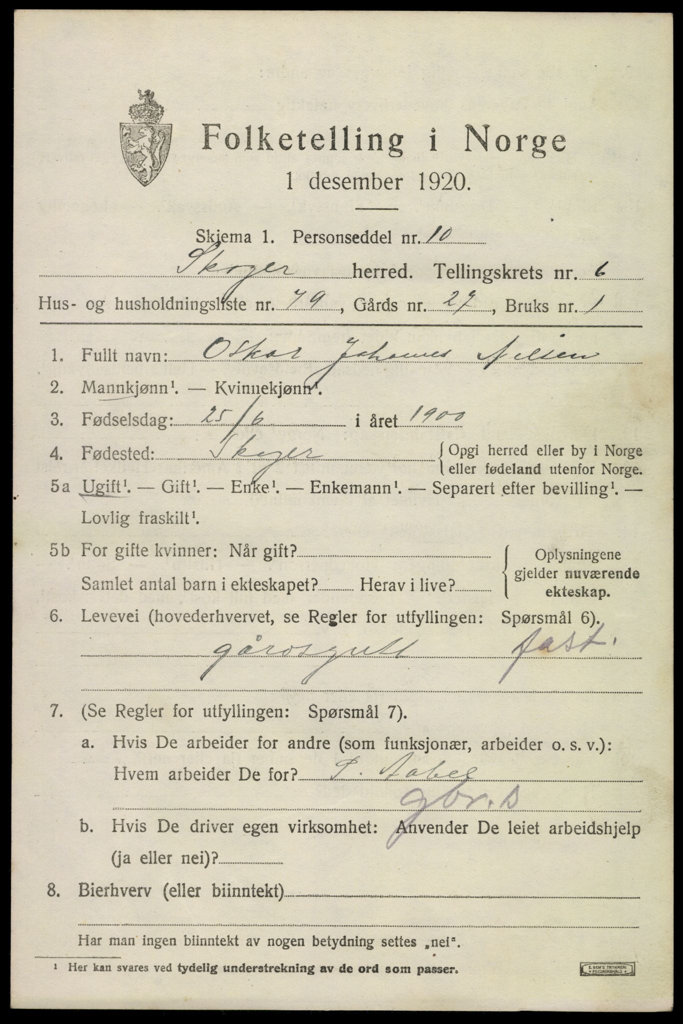 SAKO, 1920 census for Skoger, 1920, p. 14577