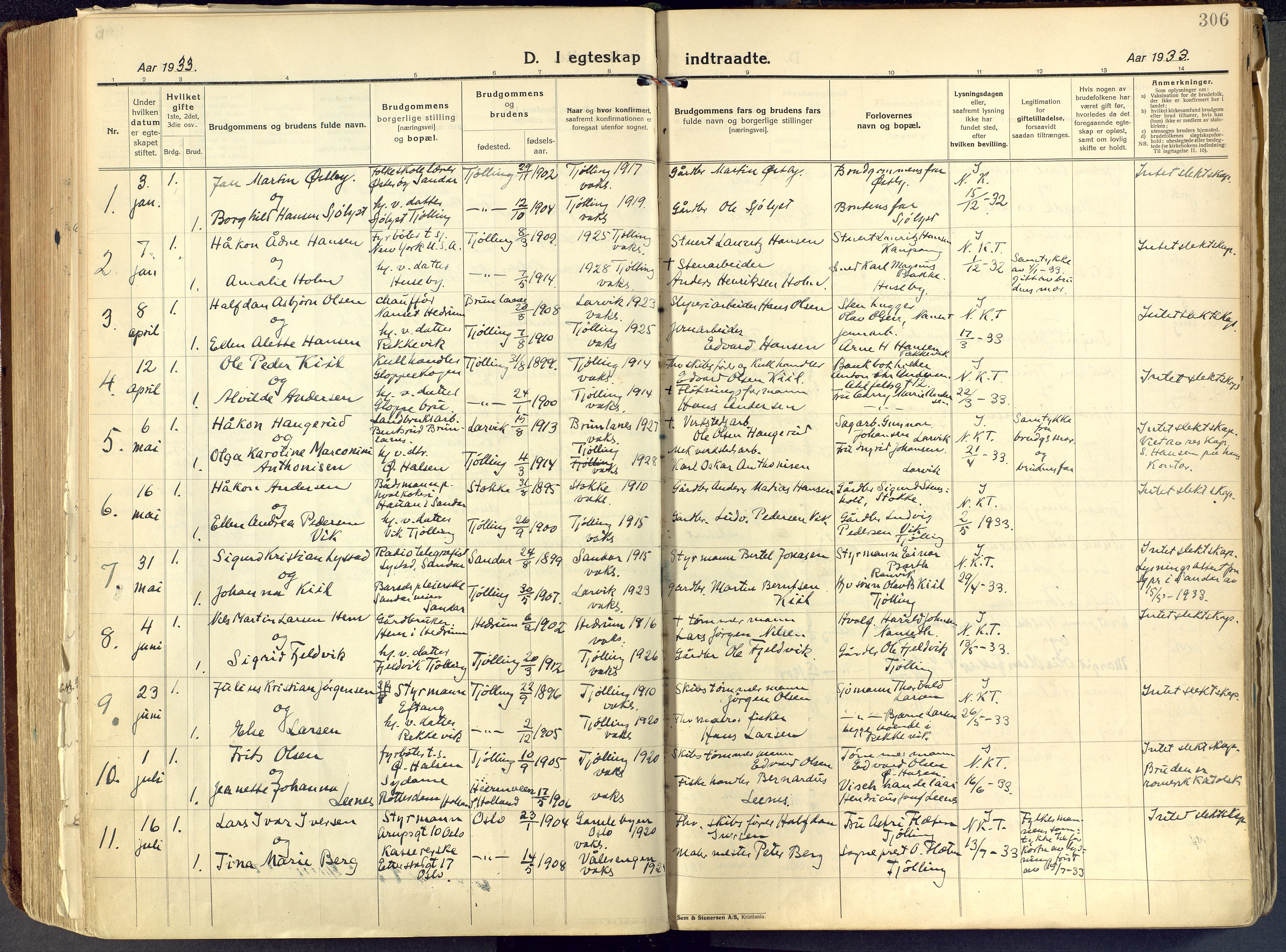 Tjølling kirkebøker, SAKO/A-60/F/Fa/L0011: Parish register (official) no. 11, 1924-1943, p. 306