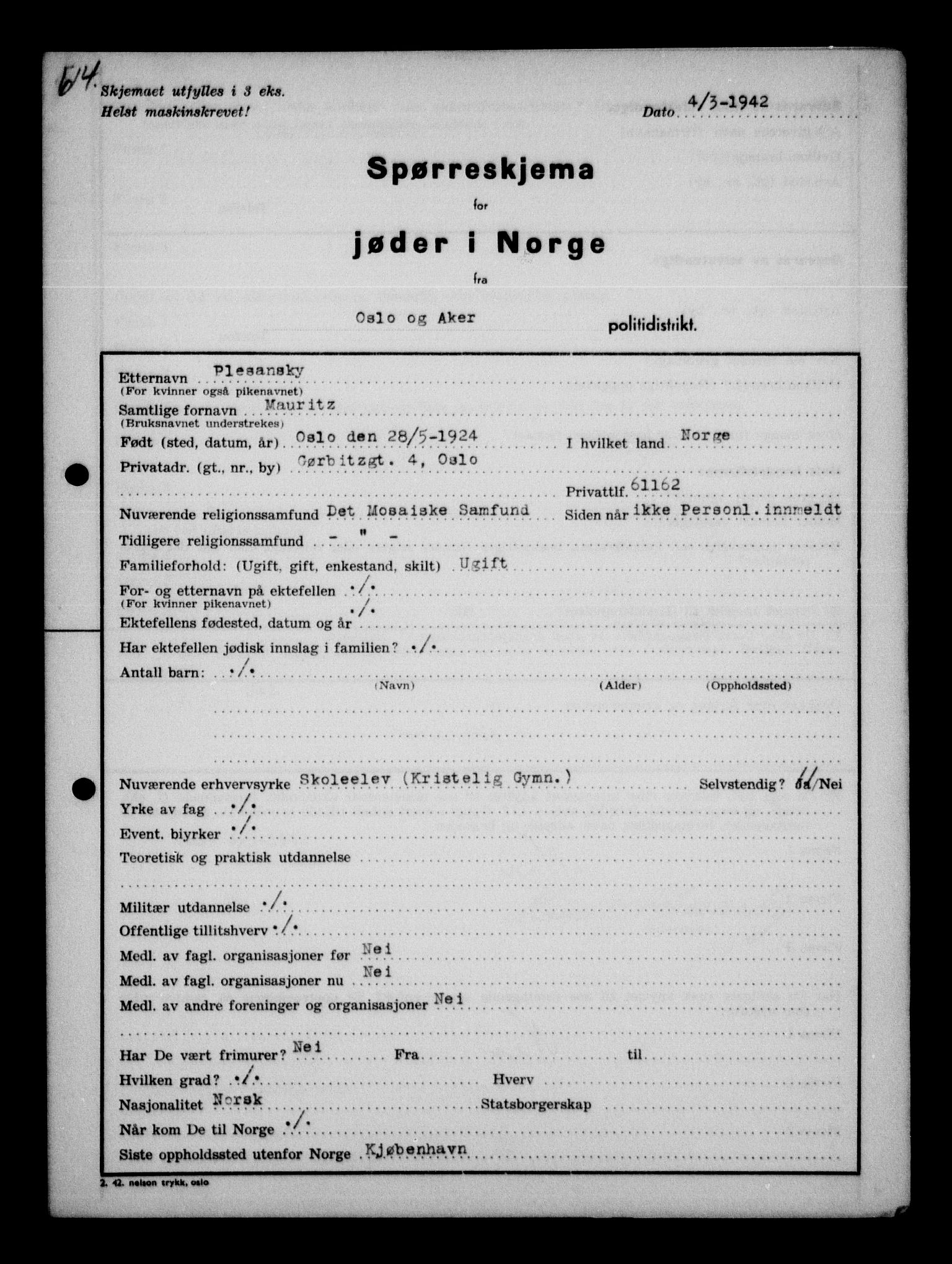 Statspolitiet - Hovedkontoret / Osloavdelingen, AV/RA-S-1329/G/Ga/L0011: Spørreskjema for jøder i Norge. 1: Oslo 610-806 (Plavnik-Zwillinger). 2: Aker 1-113 (Adler-Lewin). , 1942, p. 15