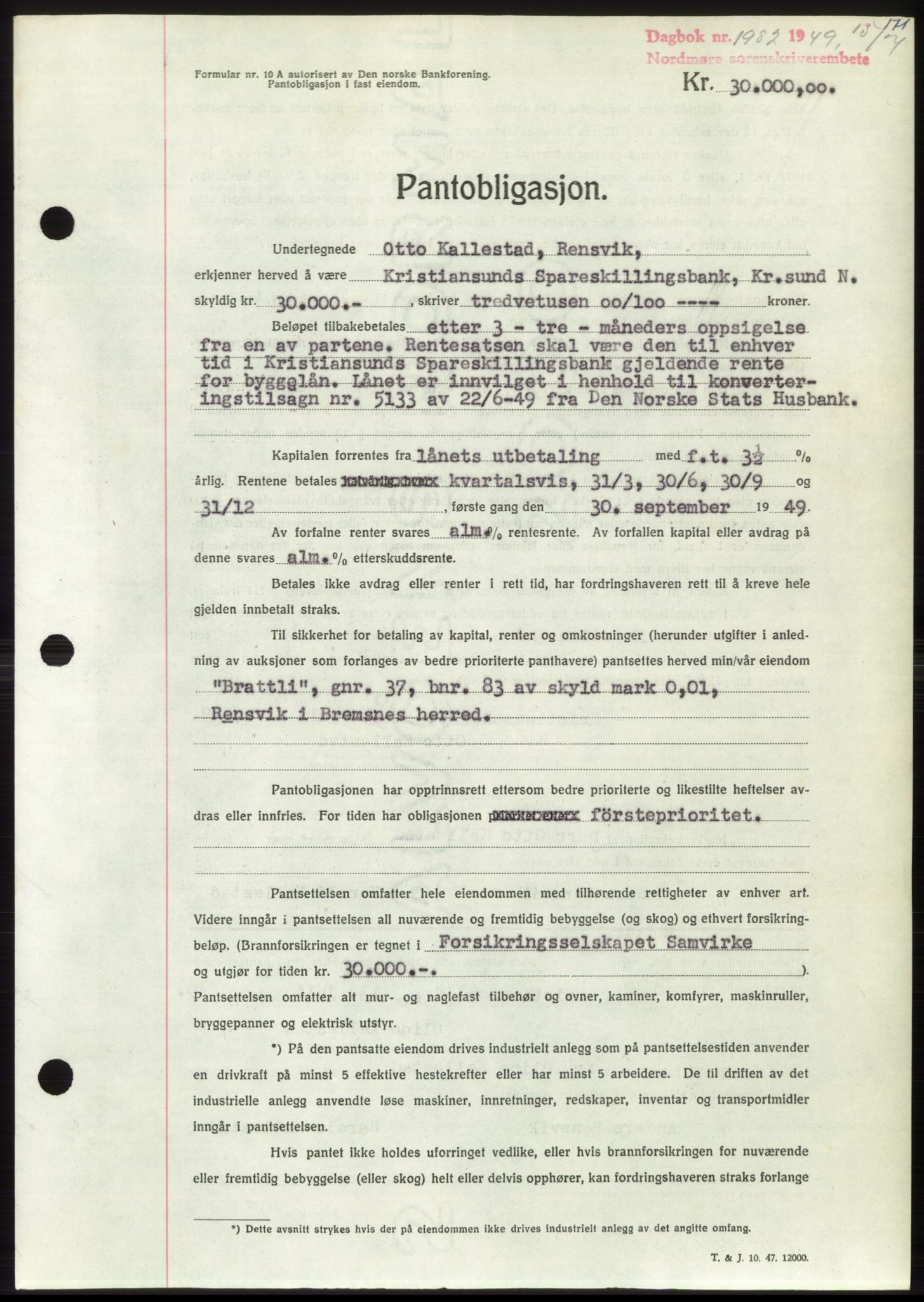 Nordmøre sorenskriveri, AV/SAT-A-4132/1/2/2Ca: Mortgage book no. B102, 1949-1949, Diary no: : 1982/1949