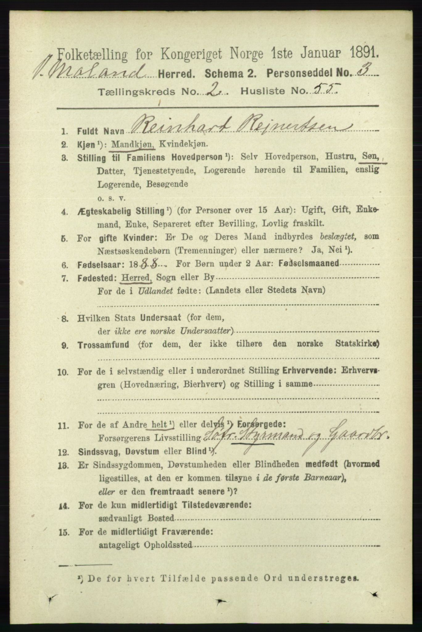 RA, 1891 census for 0926 Vestre Moland, 1891, p. 910