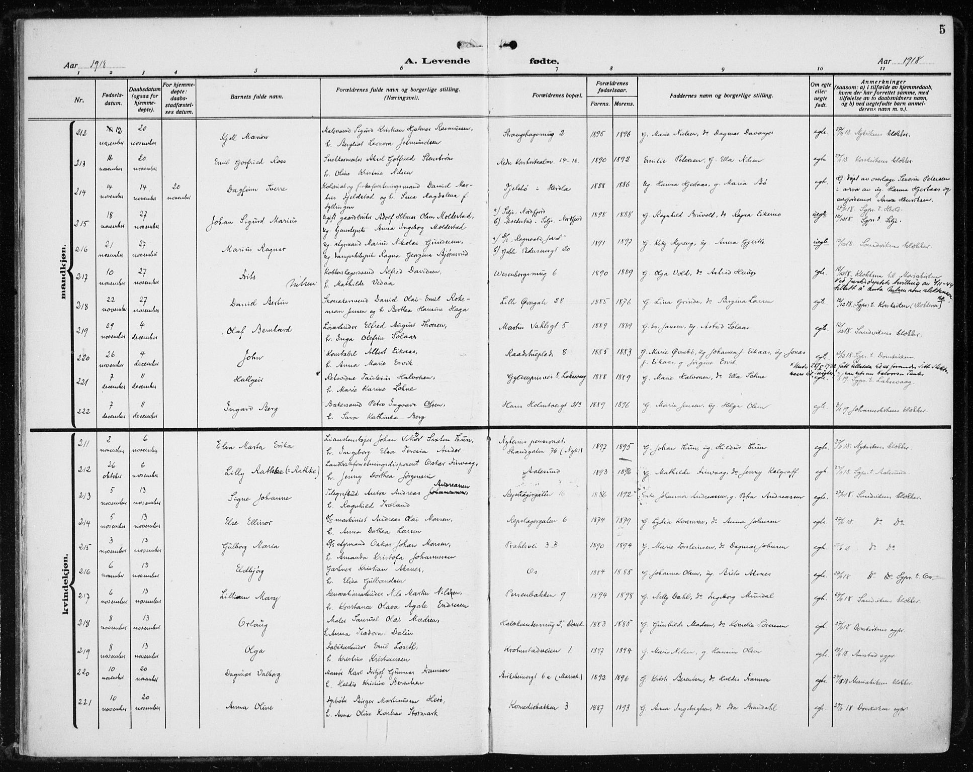 Fødselsstiftelsens sokneprestembete*, SAB/-: Parish register (official) no. A 5, 1918-1926, p. 5