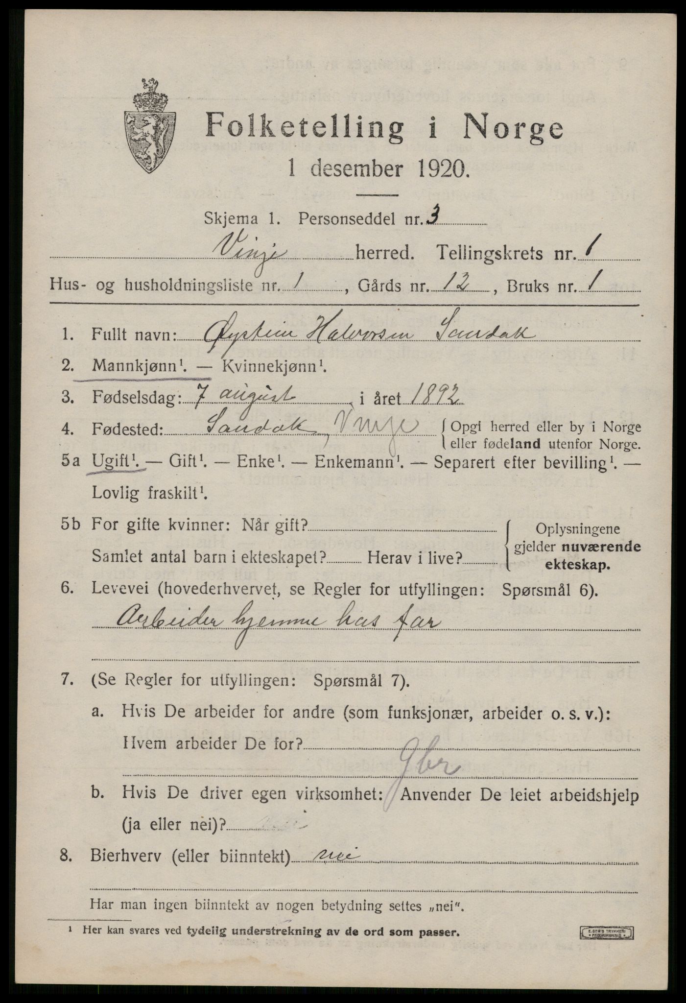 SAKO, 1920 census for Vinje, 1920, p. 709