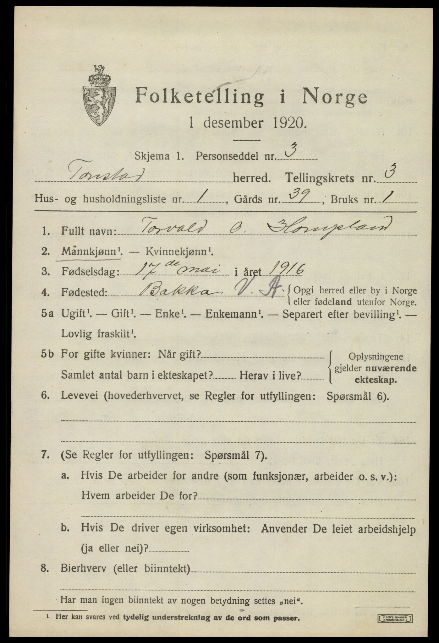 SAK, 1920 census for Tonstad, 1920, p. 996