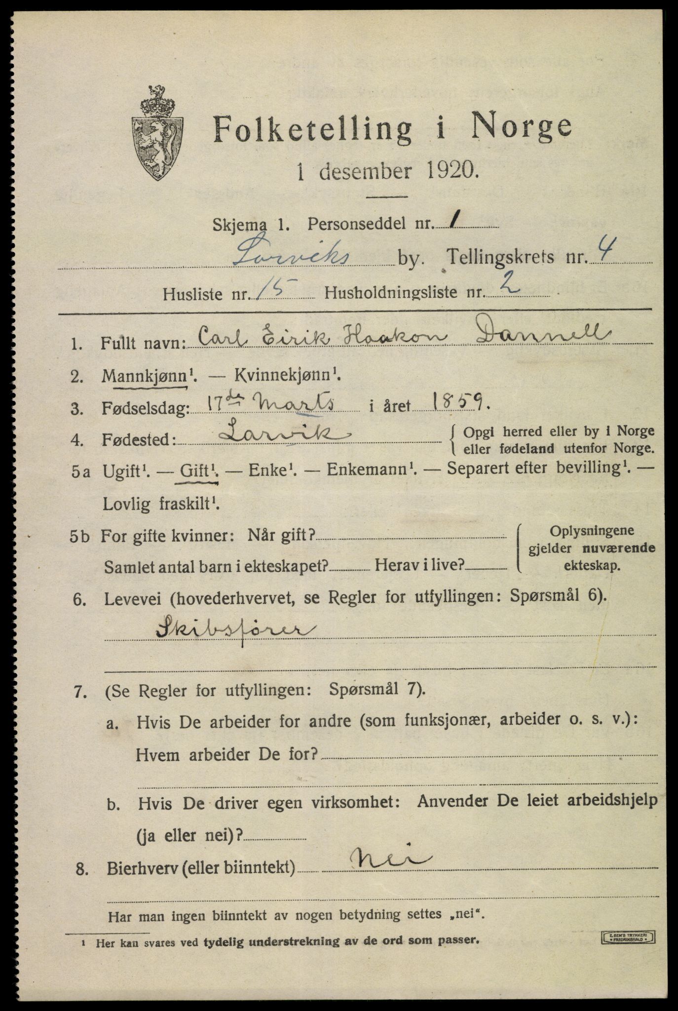 SAKO, 1920 census for Larvik, 1920, p. 13668