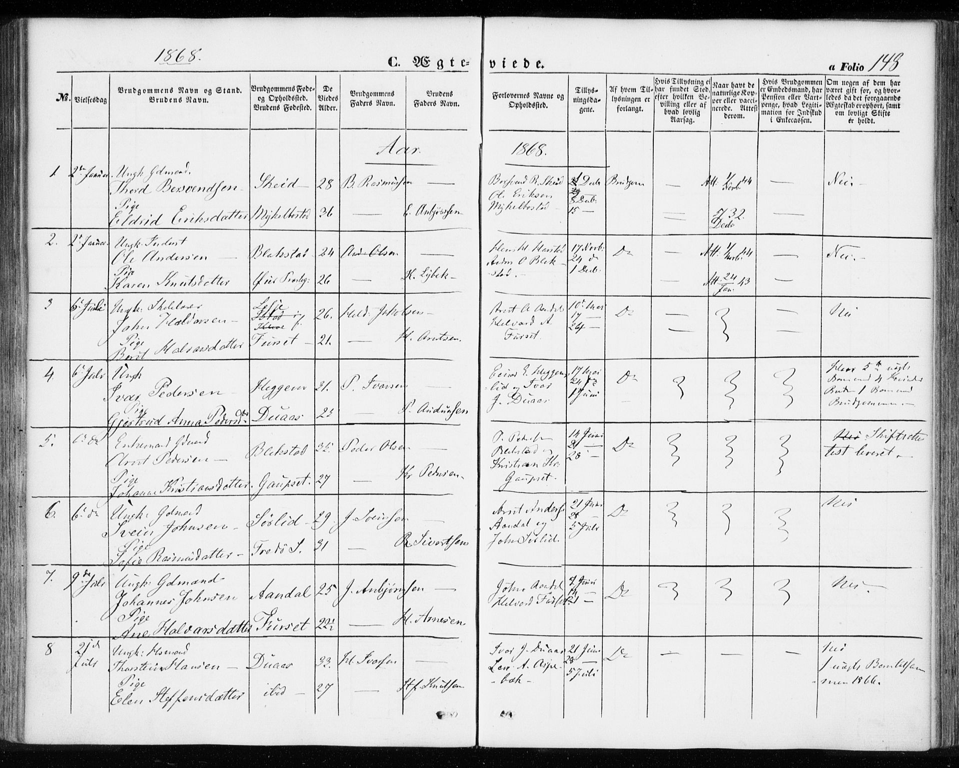Ministerialprotokoller, klokkerbøker og fødselsregistre - Møre og Romsdal, SAT/A-1454/584/L0965: Parish register (official) no. 584A05, 1857-1868, p. 148