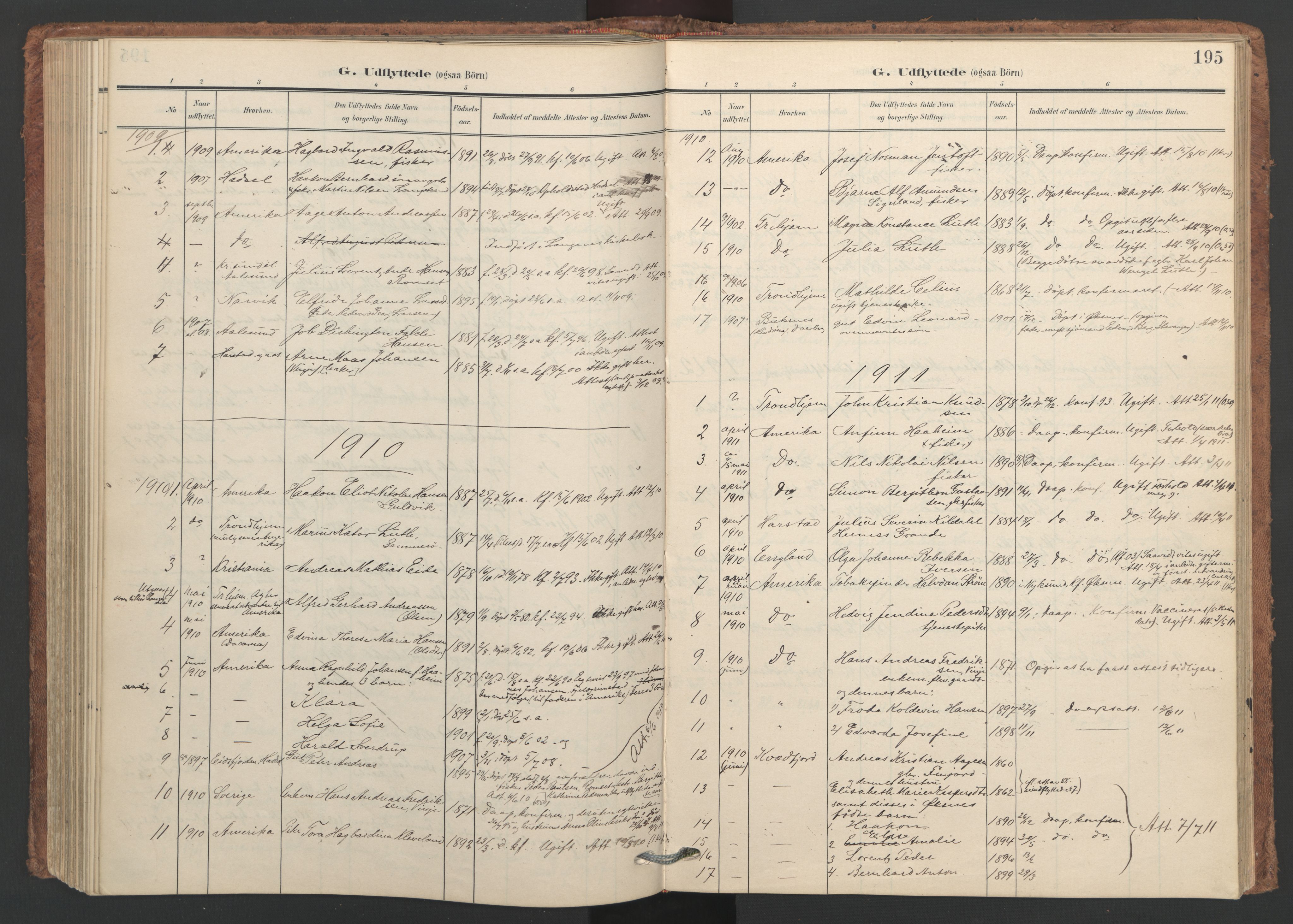 Ministerialprotokoller, klokkerbøker og fødselsregistre - Nordland, SAT/A-1459/893/L1339: Parish register (official) no. 893A11, 1904-1914, p. 195