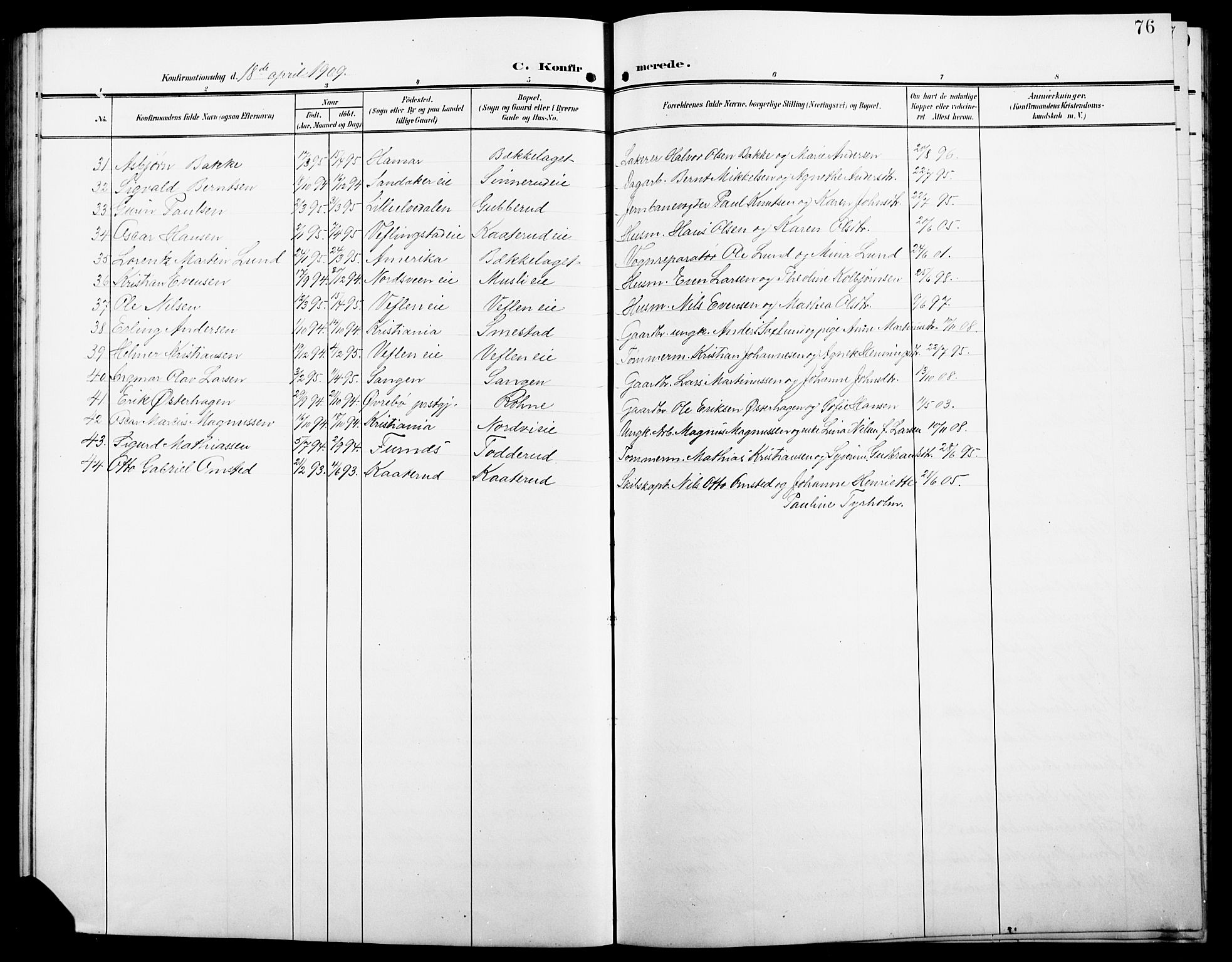 Stange prestekontor, AV/SAH-PREST-002/L/L0013: Parish register (copy) no. 13, 1906-1915, p. 76