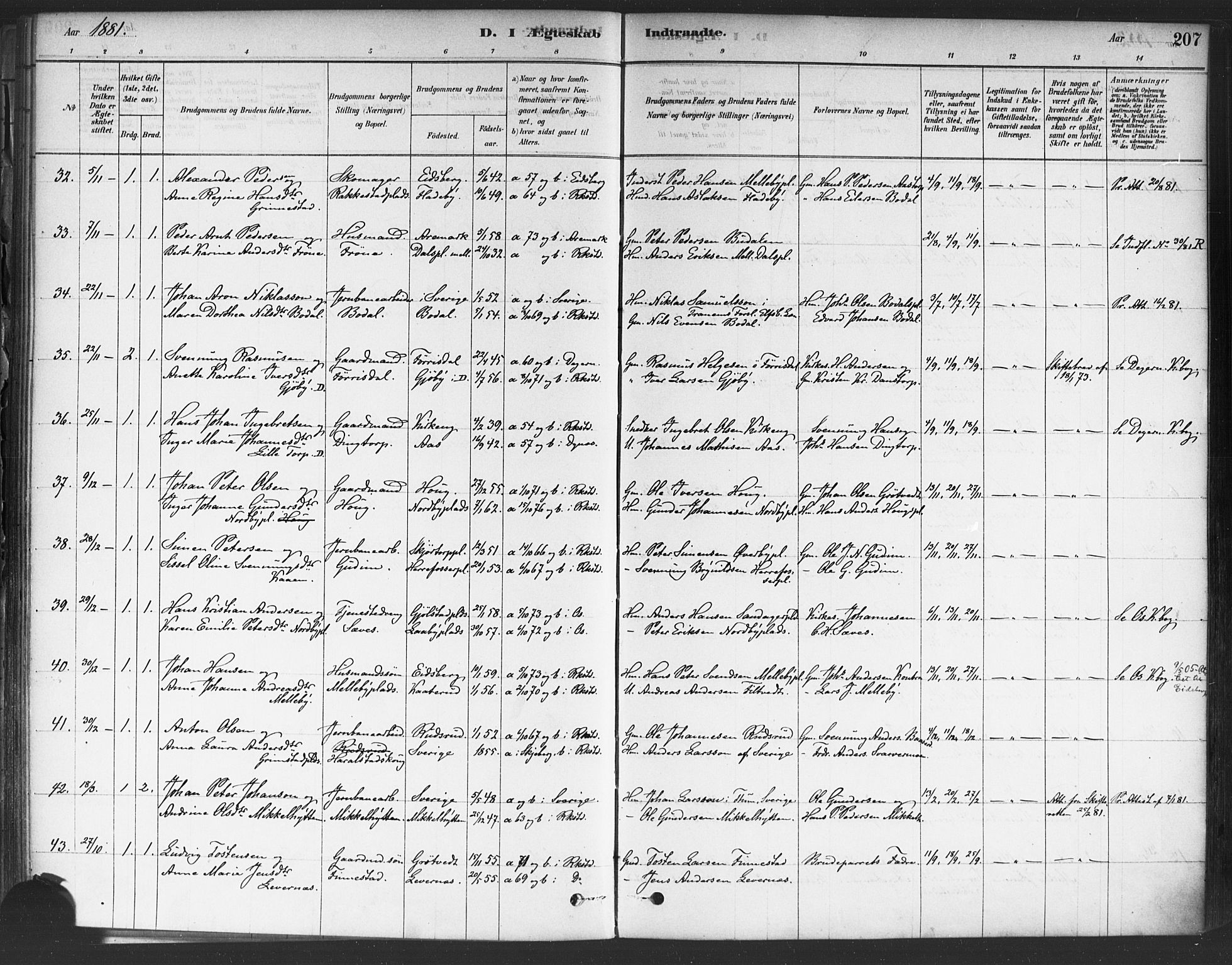 Rakkestad prestekontor Kirkebøker, AV/SAO-A-2008/F/Fa/L0012: Parish register (official) no. I 12, 1878-1893, p. 207