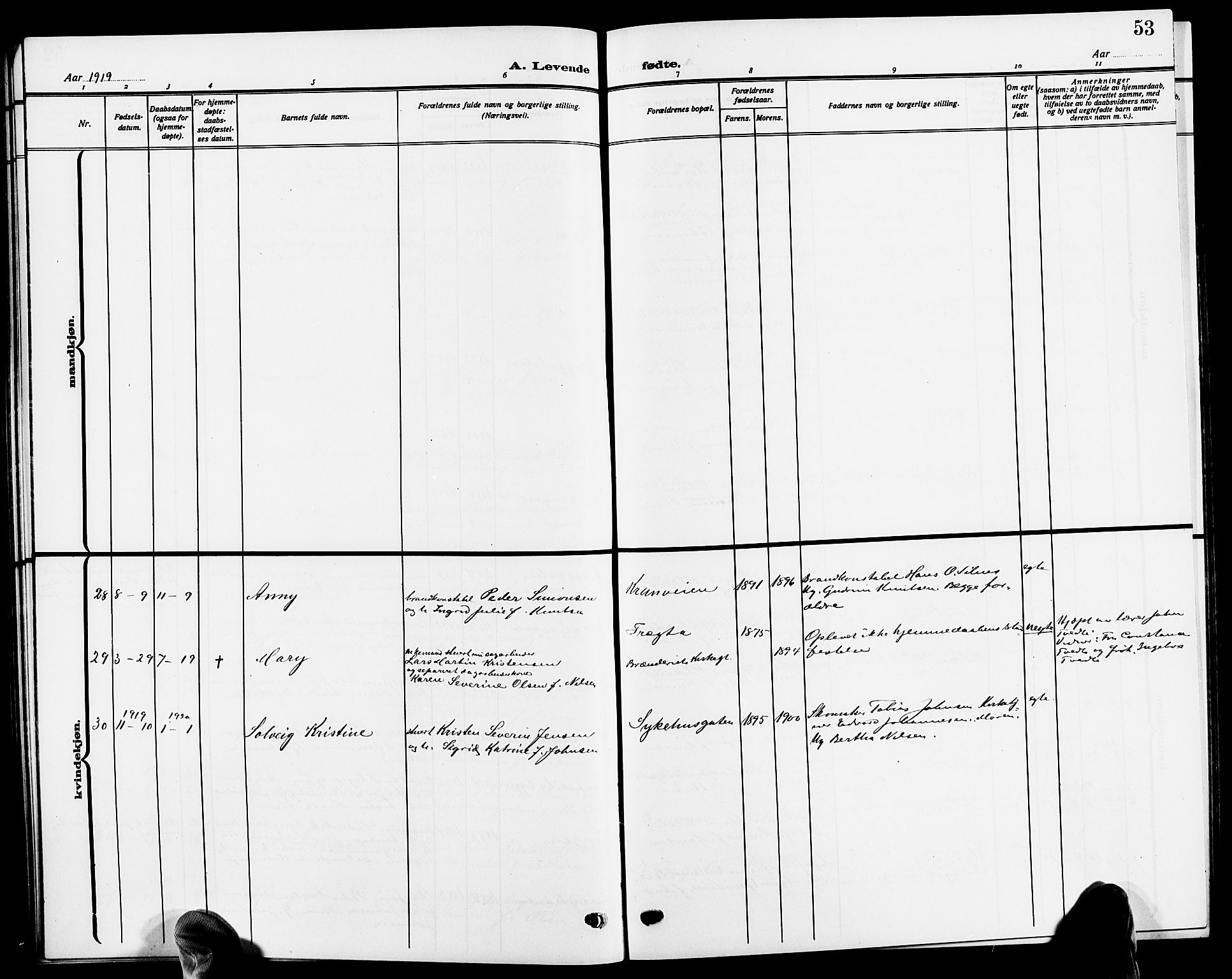 Risør sokneprestkontor, AV/SAK-1111-0035/F/Fb/L0008: Parish register (copy) no. B 8, 1909-1921, p. 53