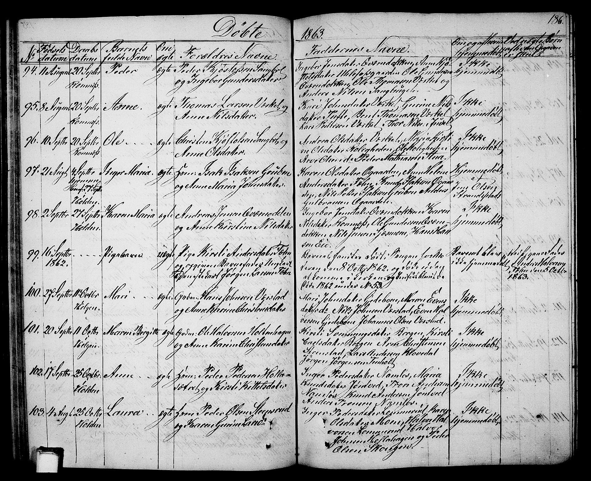 Holla kirkebøker, SAKO/A-272/G/Ga/L0003: Parish register (copy) no. I 3, 1849-1866, p. 186
