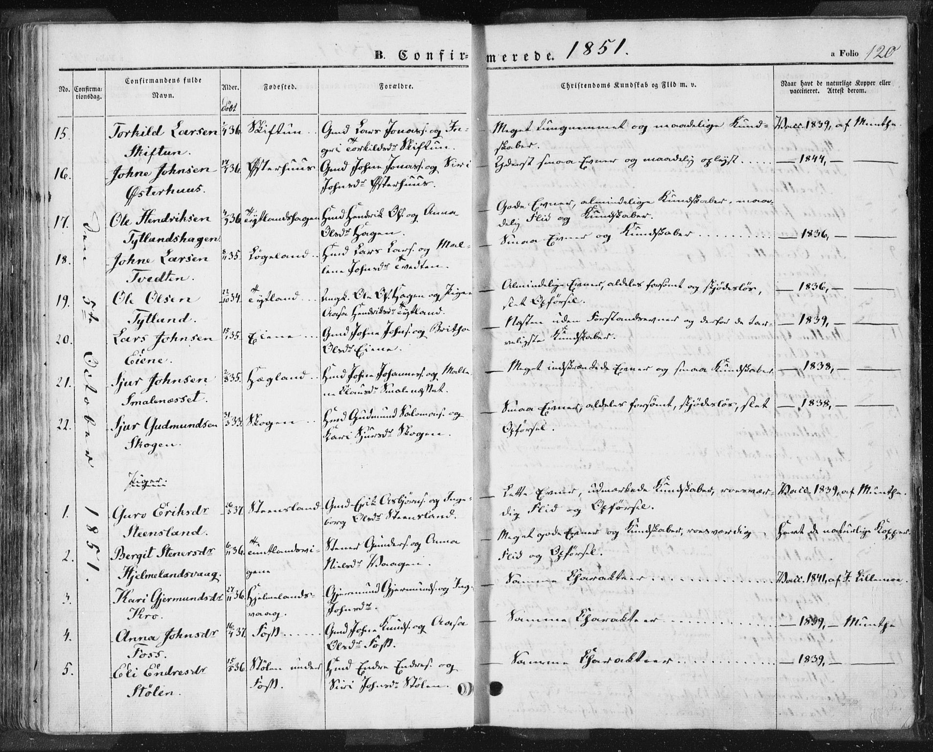 Hjelmeland sokneprestkontor, AV/SAST-A-101843/01/IV/L0009: Parish register (official) no. A 9, 1846-1860, p. 120