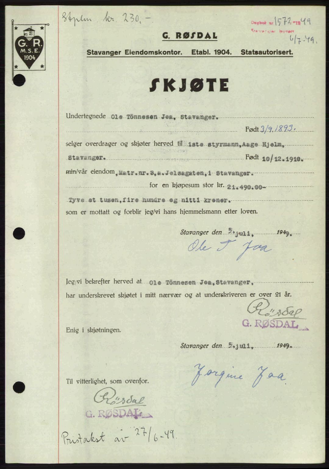 Stavanger byrett, SAST/A-100455/002/G/Gb/L0023: Mortgage book no. A12, 1948-1949, Diary no: : 1572/1949