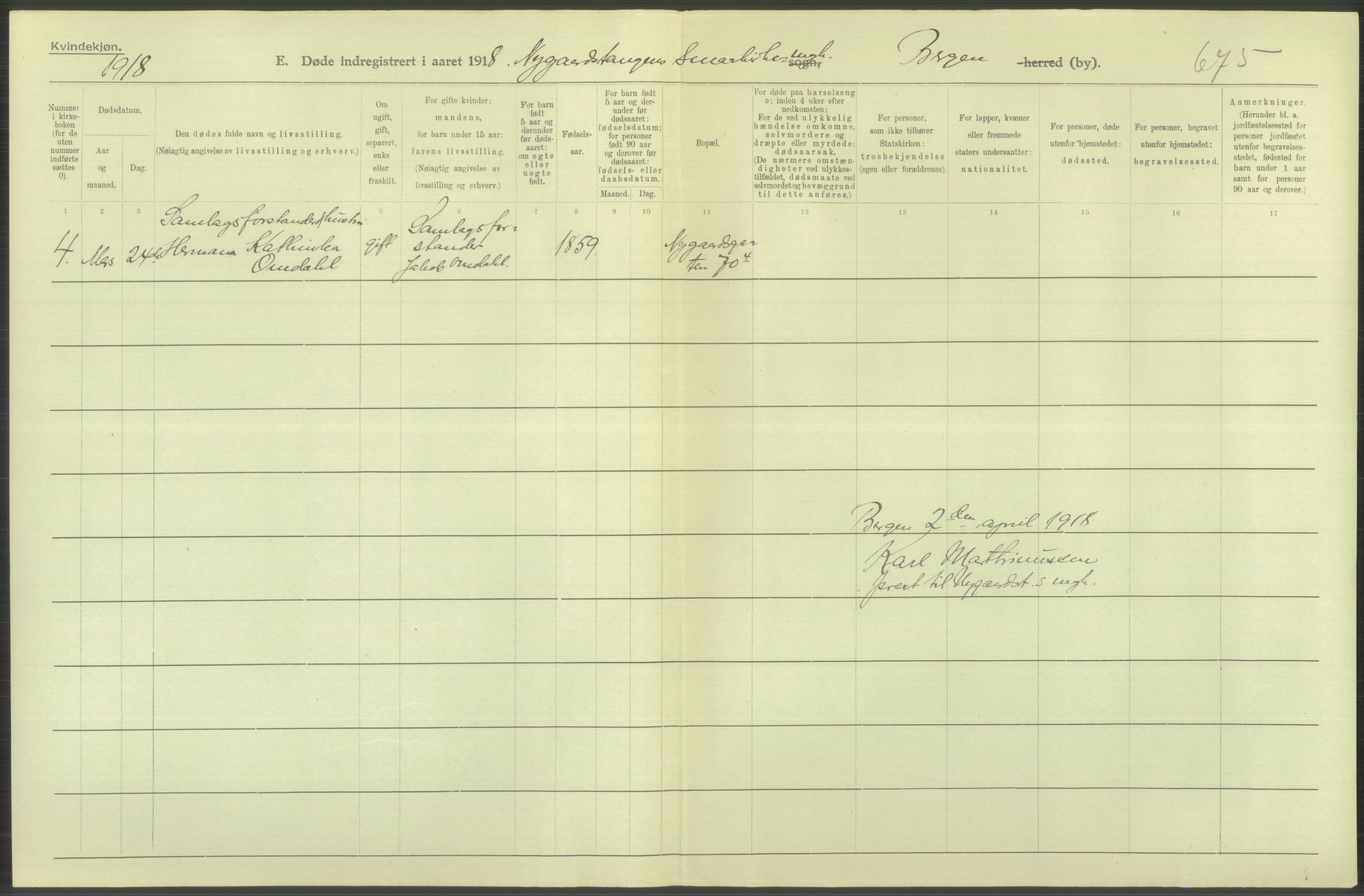 Statistisk sentralbyrå, Sosiodemografiske emner, Befolkning, AV/RA-S-2228/D/Df/Dfb/Dfbh/L0039: Bergen: Døde., 1918, p. 488