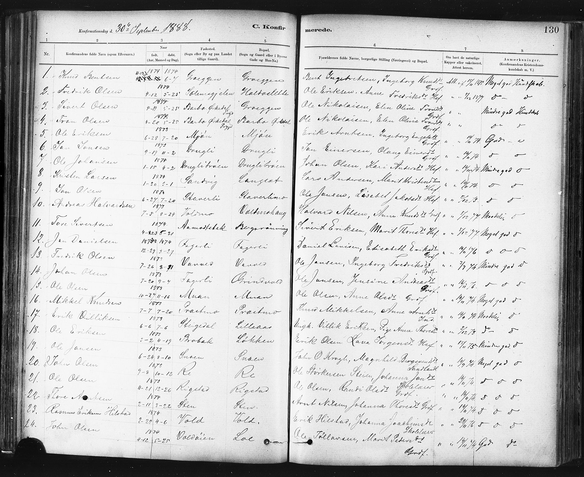 Ministerialprotokoller, klokkerbøker og fødselsregistre - Sør-Trøndelag, SAT/A-1456/672/L0857: Parish register (official) no. 672A09, 1882-1893, p. 130