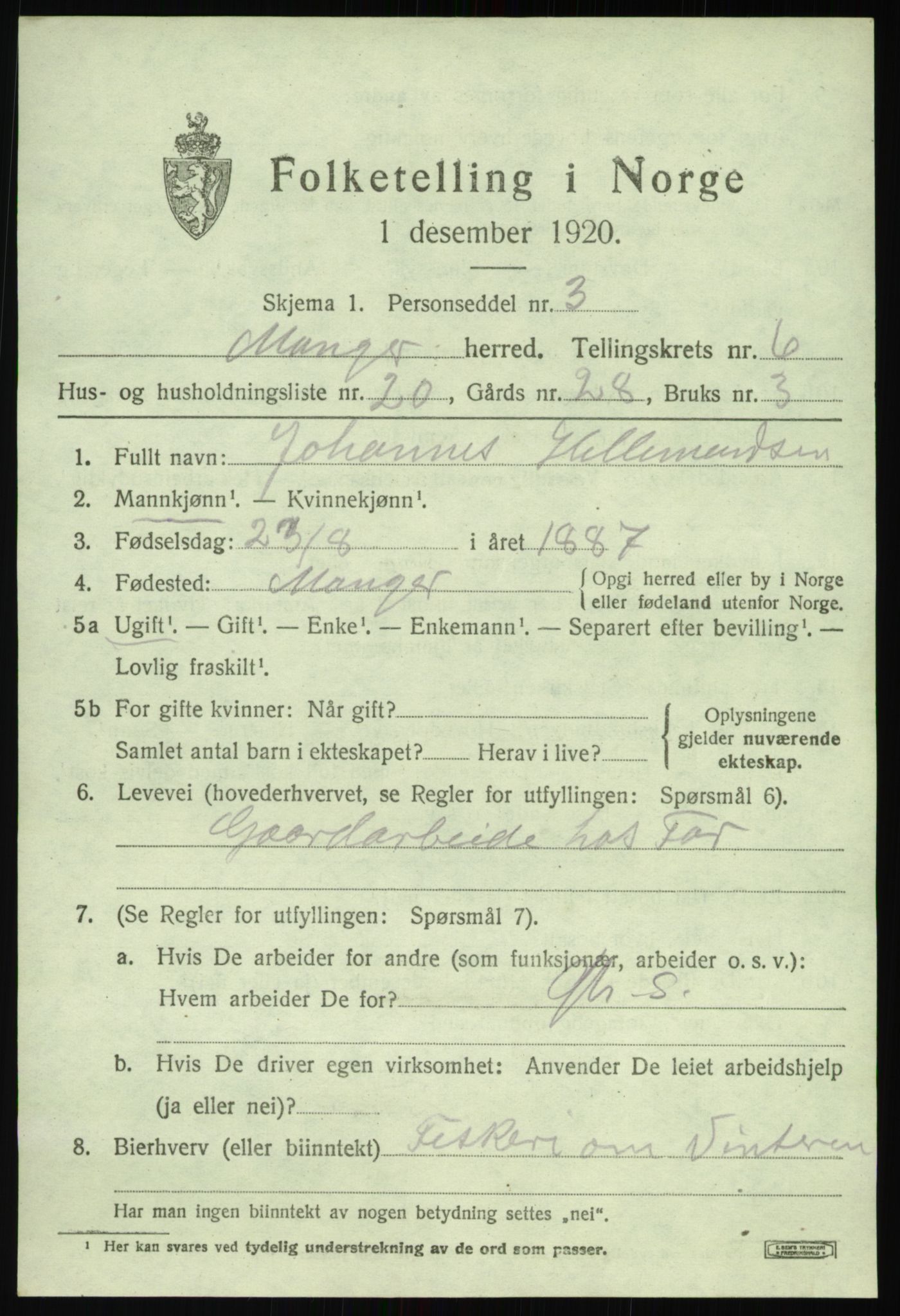 SAB, 1920 census for Manger, 1920, p. 4093