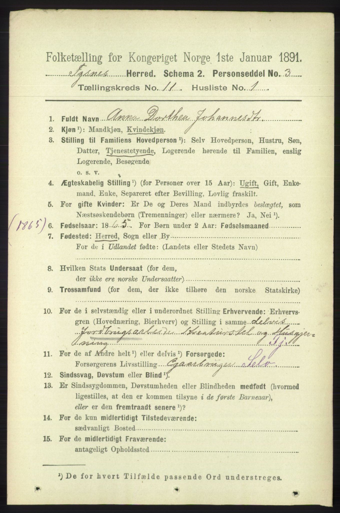 RA, 1891 census for 1223 Tysnes, 1891, p. 5365