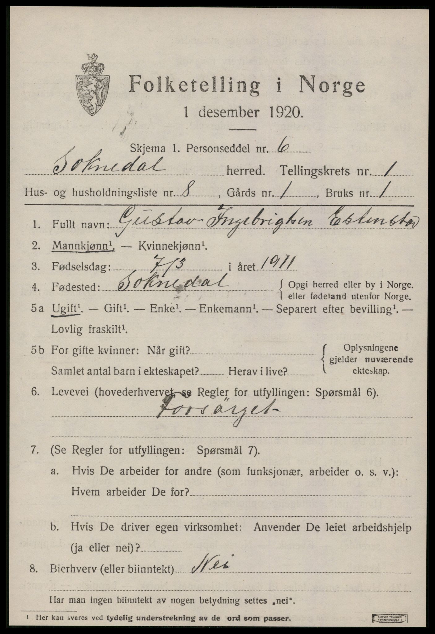 SAT, 1920 census for Soknedal, 1920, p. 848