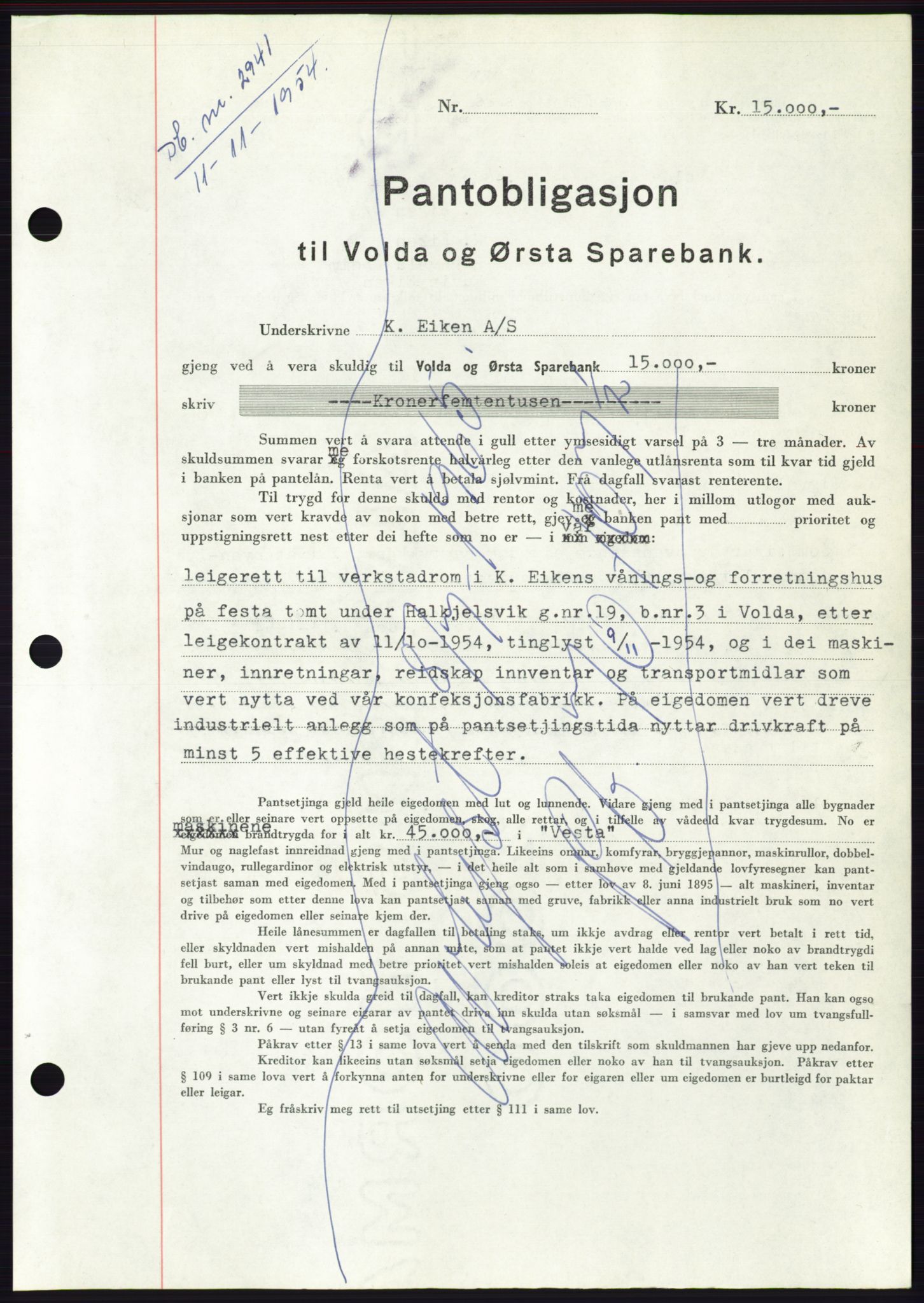 Søre Sunnmøre sorenskriveri, AV/SAT-A-4122/1/2/2C/L0126: Mortgage book no. 14B, 1954-1955, Diary no: : 2941/1954