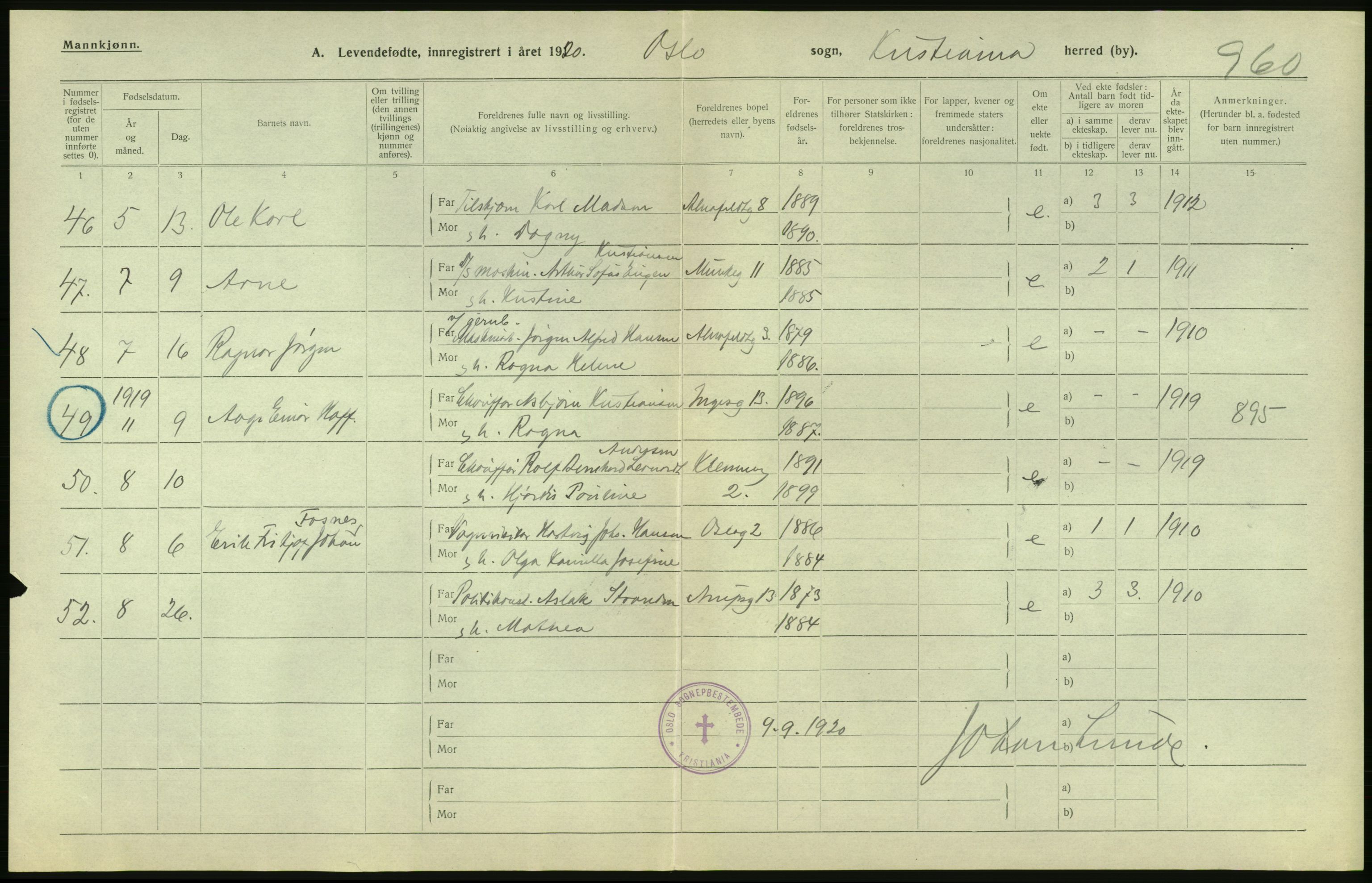 Statistisk sentralbyrå, Sosiodemografiske emner, Befolkning, AV/RA-S-2228/D/Df/Dfb/Dfbj/L0008: Kristiania: Levendefødte menn og kvinner., 1920, p. 16