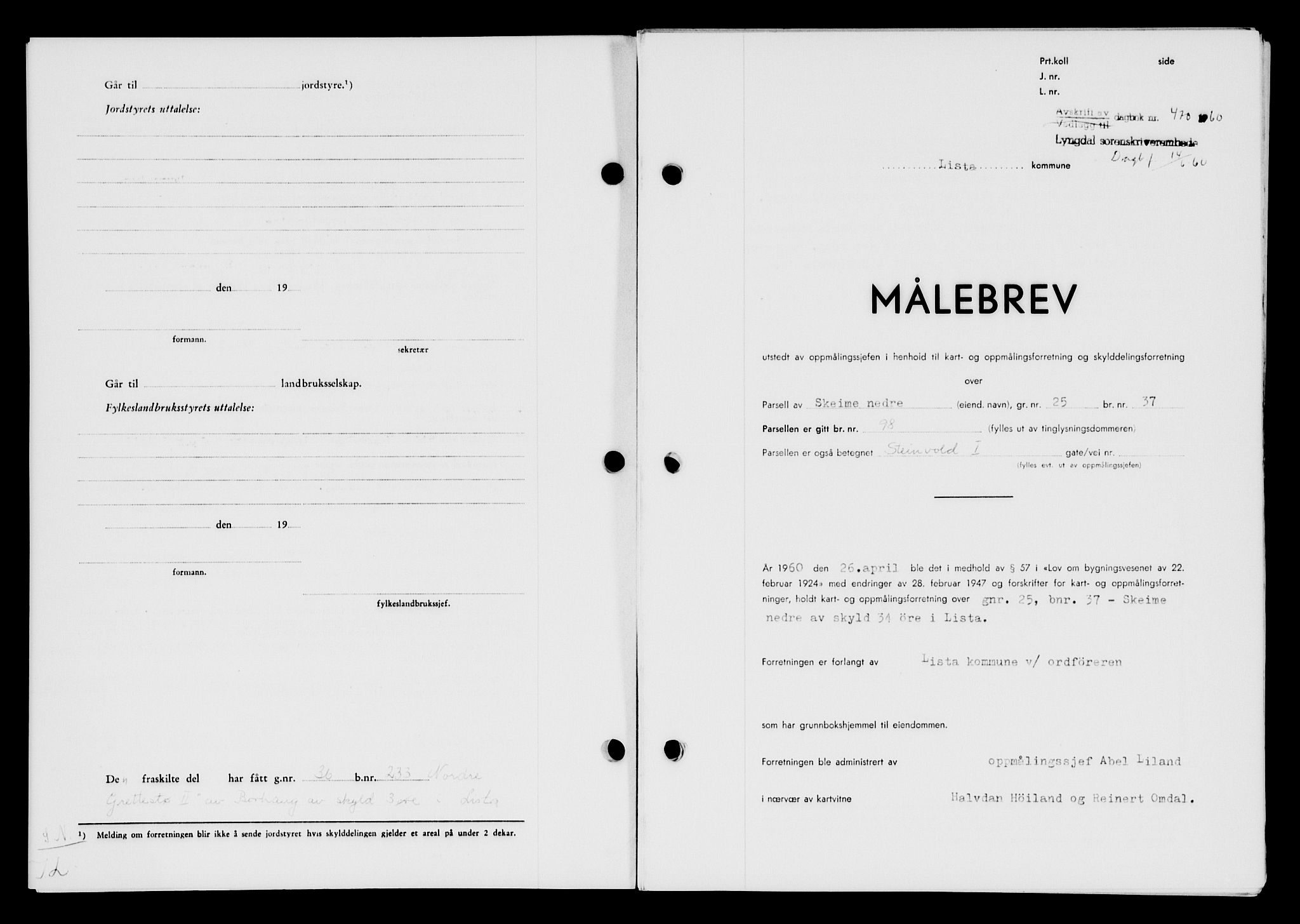 Lyngdal sorenskriveri, AV/SAK-1221-0004/G/Gb/L0680: Mortgage book no. A XXVI, 1960-1960, Diary no: : 470/1960