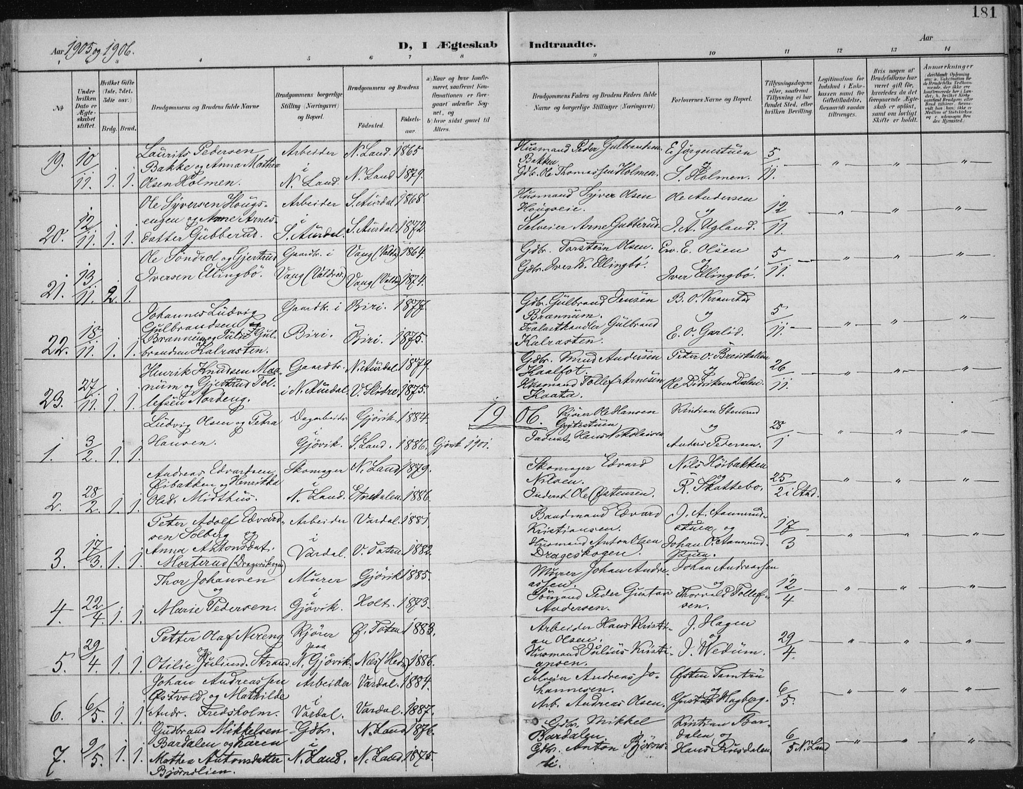 Vardal prestekontor, SAH/PREST-100/H/Ha/Haa/L0013: Parish register (official) no. 13, 1901-1911, p. 181