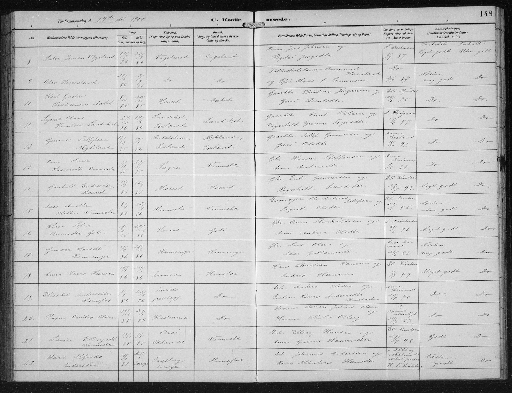 Vennesla sokneprestkontor, AV/SAK-1111-0045/Fb/Fbb/L0004: Parish register (copy) no. B 4, 1893-1902, p. 148