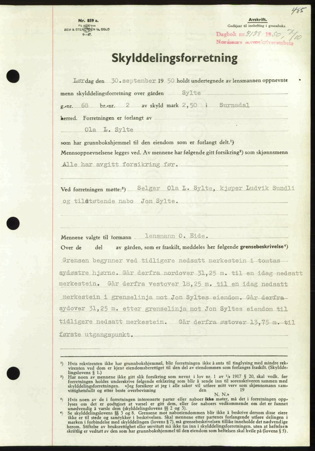 Nordmøre sorenskriveri, AV/SAT-A-4132/1/2/2Ca: Mortgage book no. A116, 1950-1950, Diary no: : 3138/1950