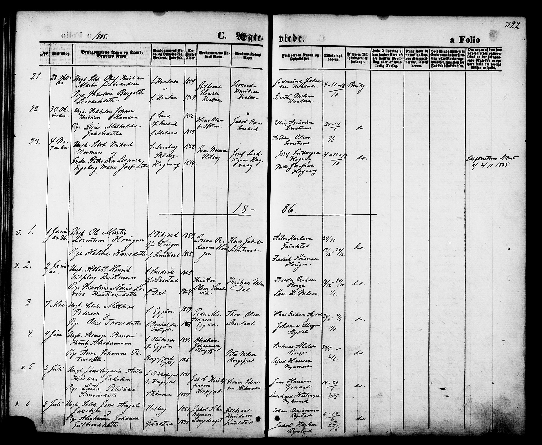 Ministerialprotokoller, klokkerbøker og fødselsregistre - Nordland, SAT/A-1459/880/L1132: Parish register (official) no. 880A06, 1869-1887, p. 322
