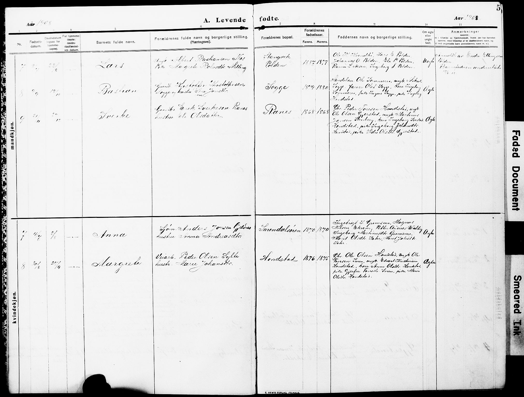 Ministerialprotokoller, klokkerbøker og fødselsregistre - Møre og Romsdal, SAT/A-1454/596/L1059: Parish register (copy) no. 596C02, 1908-1922, p. 5