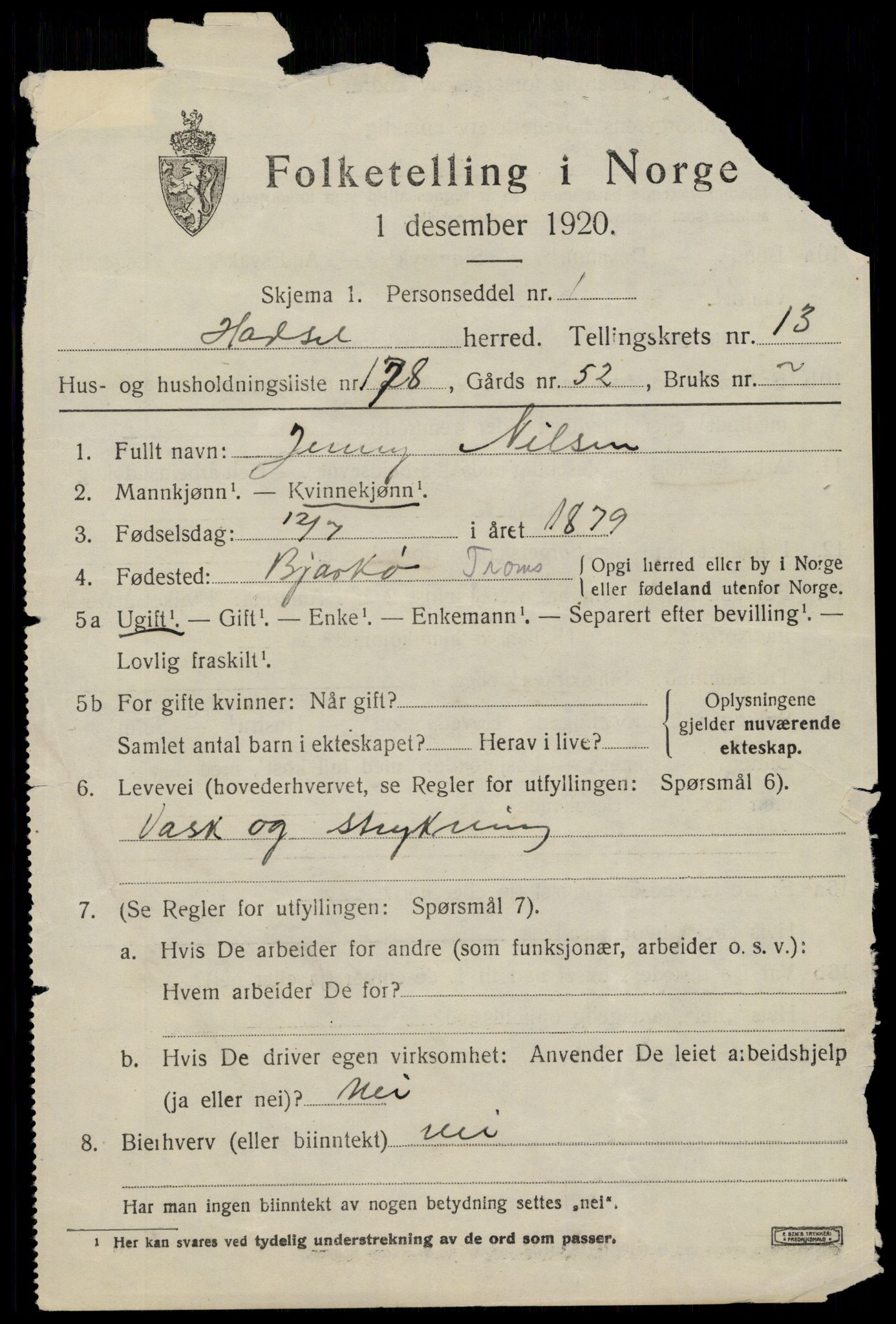 SAT, 1920 census for Hadsel, 1920, p. 11864