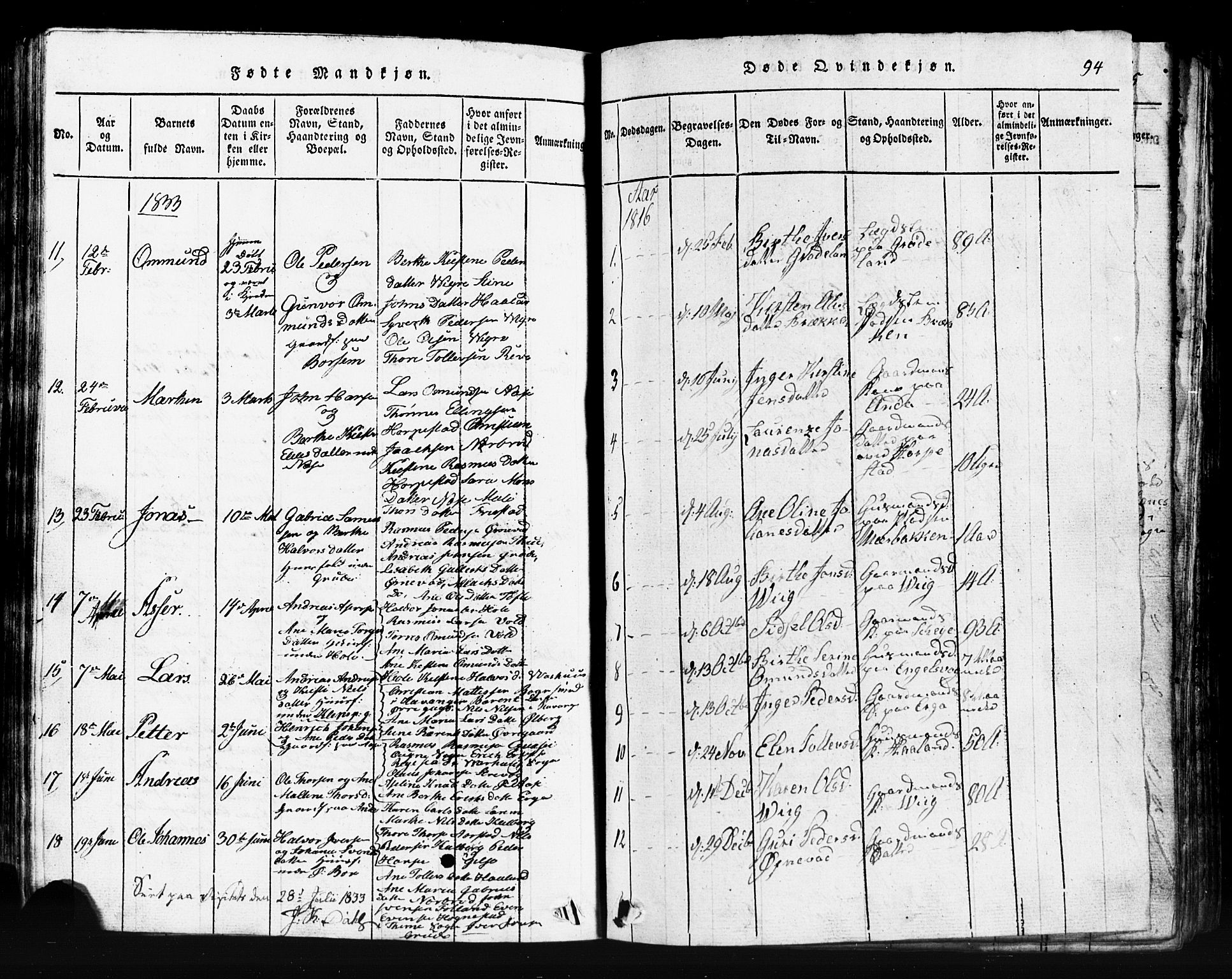 Klepp sokneprestkontor, SAST/A-101803/001/3/30BB/L0001: Parish register (copy) no.  B 1, 1816-1859, p. 94