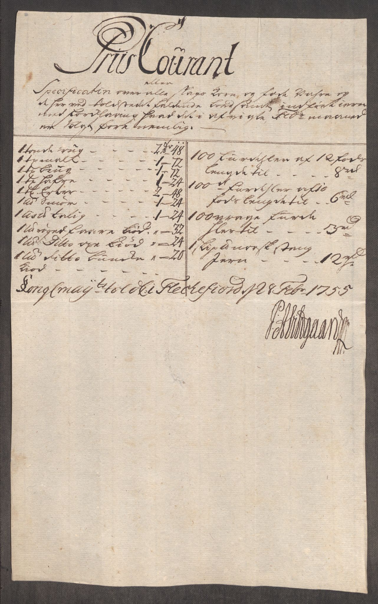 Rentekammeret inntil 1814, Realistisk ordnet avdeling, RA/EA-4070/Oe/L0005: [Ø1]: Priskuranter, 1753-1757, p. 568