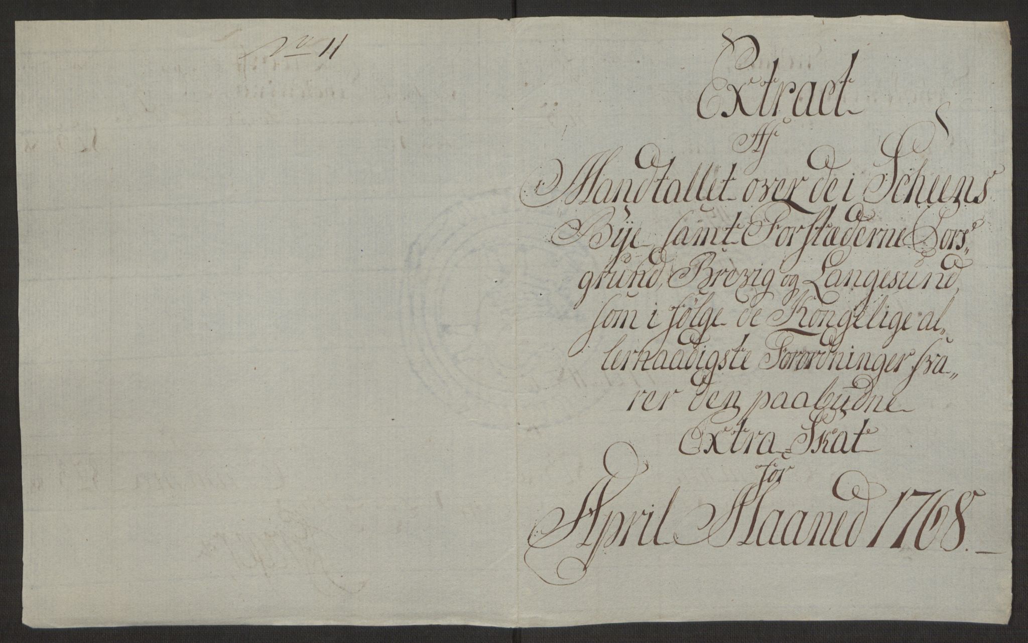 Rentekammeret inntil 1814, Reviderte regnskaper, Byregnskaper, AV/RA-EA-4066/R/Rj/L0198/0001: [J4] Kontribusjonsregnskap / Ekstraskatt, 1762-1768, p. 488