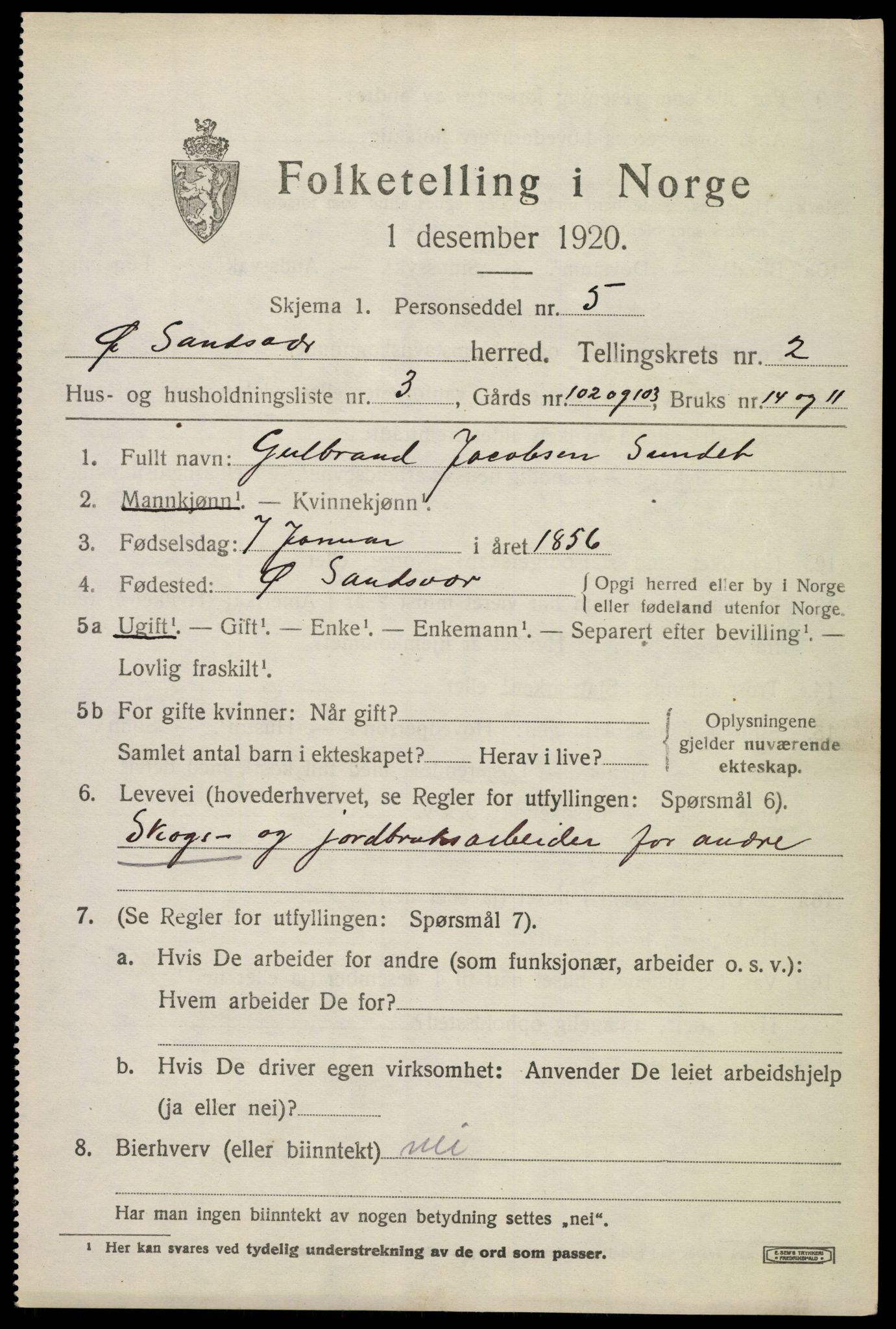 SAKO, 1920 census for Øvre Sandsvær, 1920, p. 1620