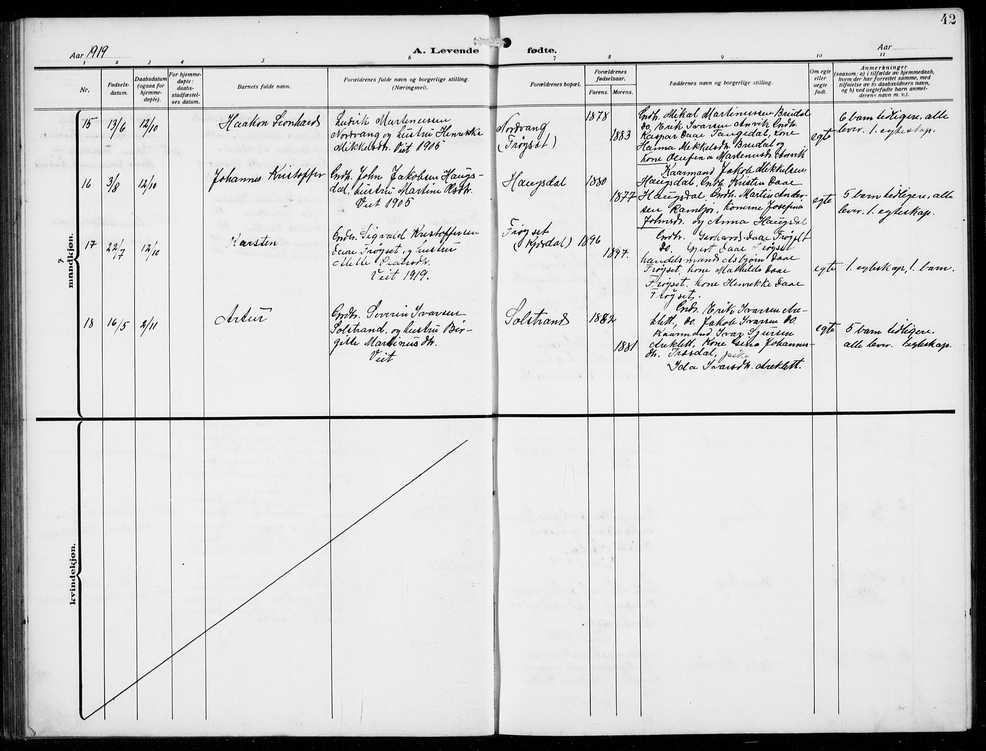 Masfjorden Sokneprestembete, AV/SAB-A-77001: Parish register (copy) no. B  2, 1912-1939, p. 42