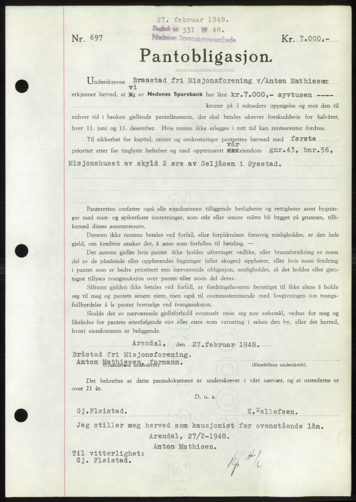 Nedenes sorenskriveri, AV/SAK-1221-0006/G/Gb/Gbb/L0005: Mortgage book no. B5, 1948-1948, Diary no: : 331/1948