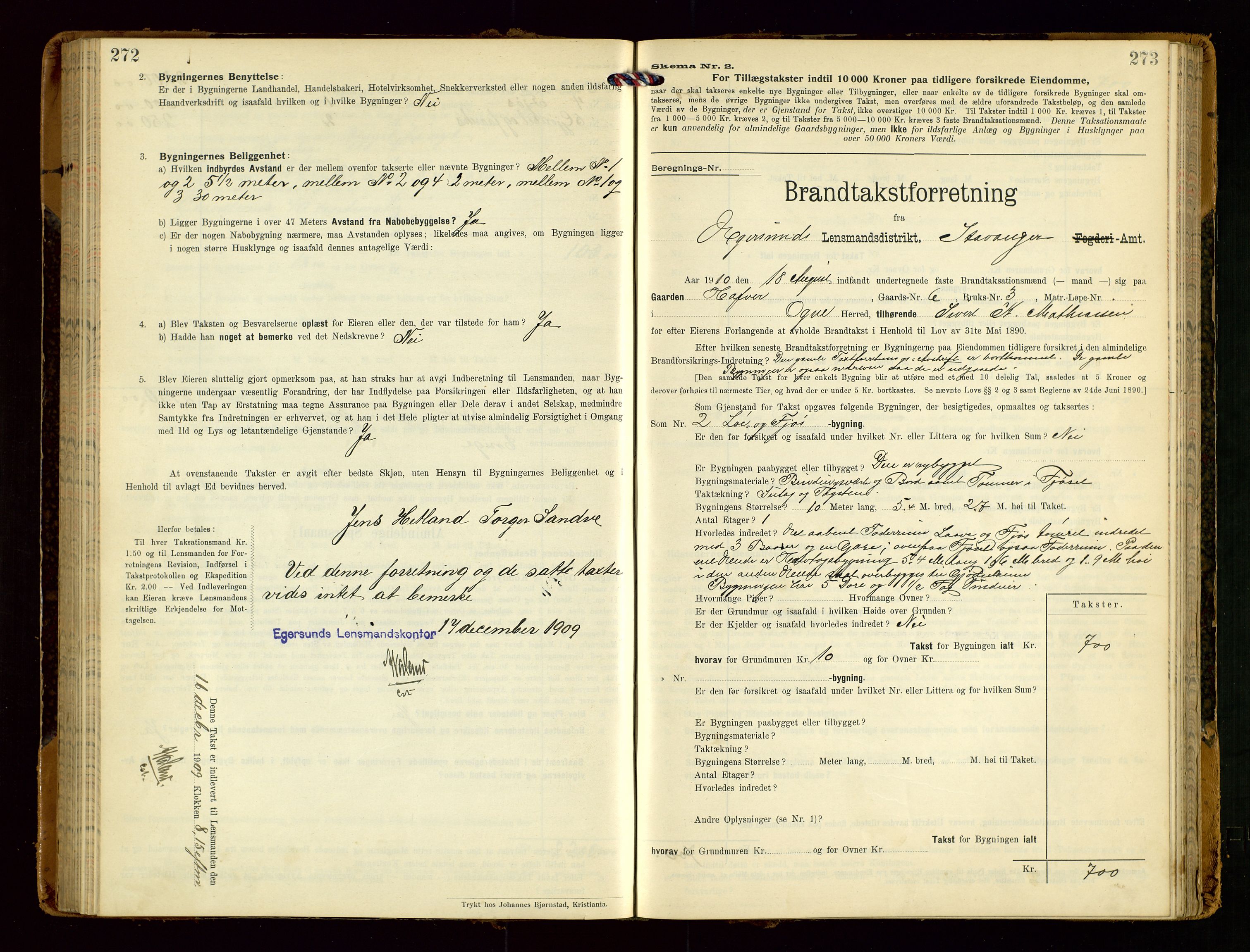 Eigersund lensmannskontor, SAST/A-100171/Gob/L0002: "Brandtakstprotokol", 1910-1916, p. 272-273